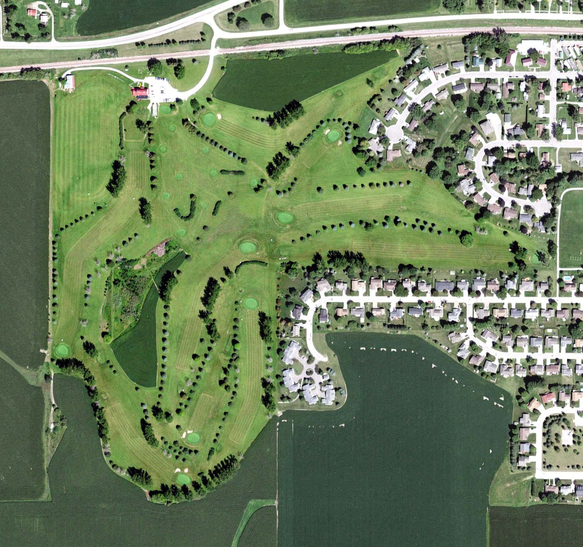 Aerial view of Lewiston Golf & Country Club, MN, with its hole routing marked