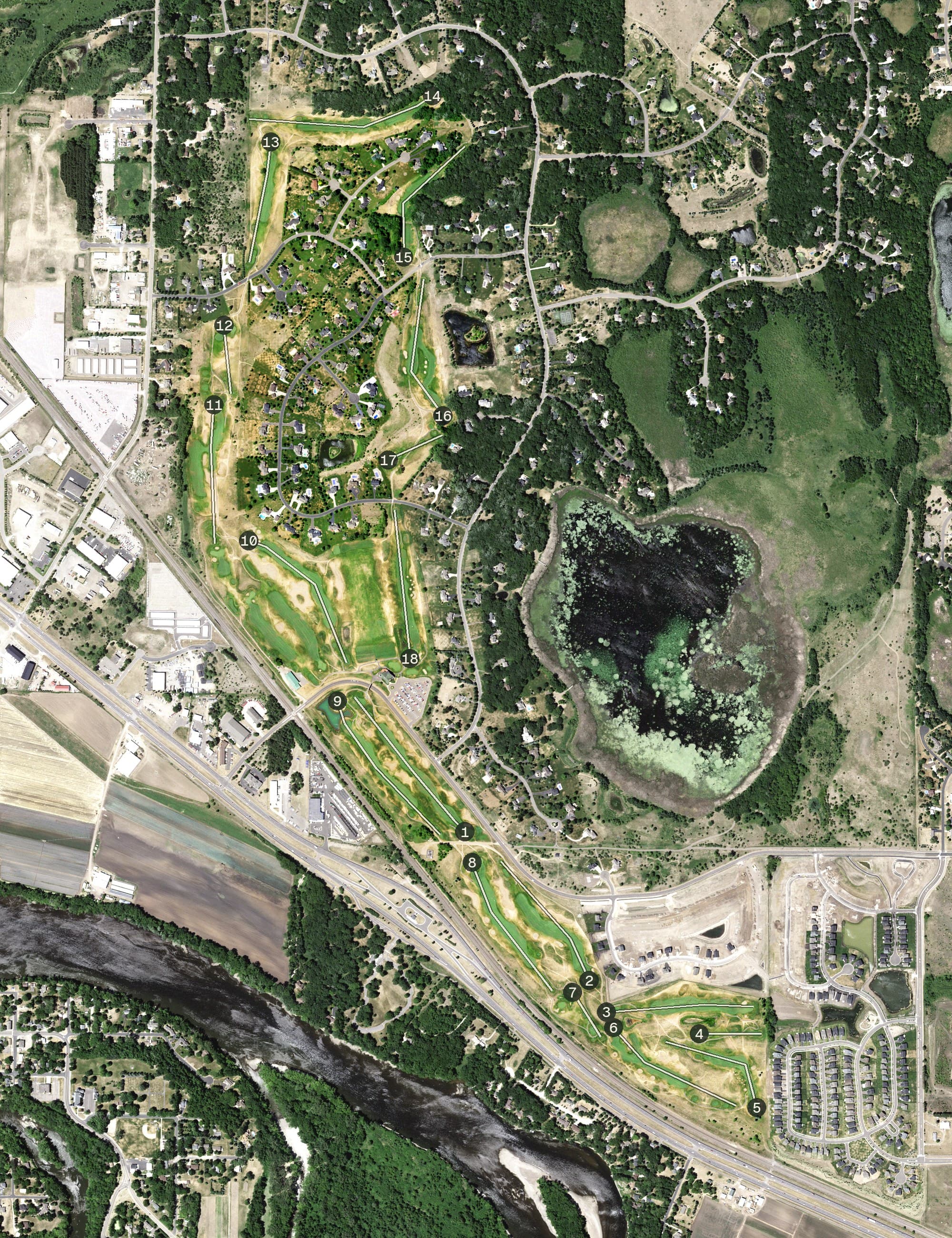 Aerial view of Links at Northfork, MN, with its hole routing marked