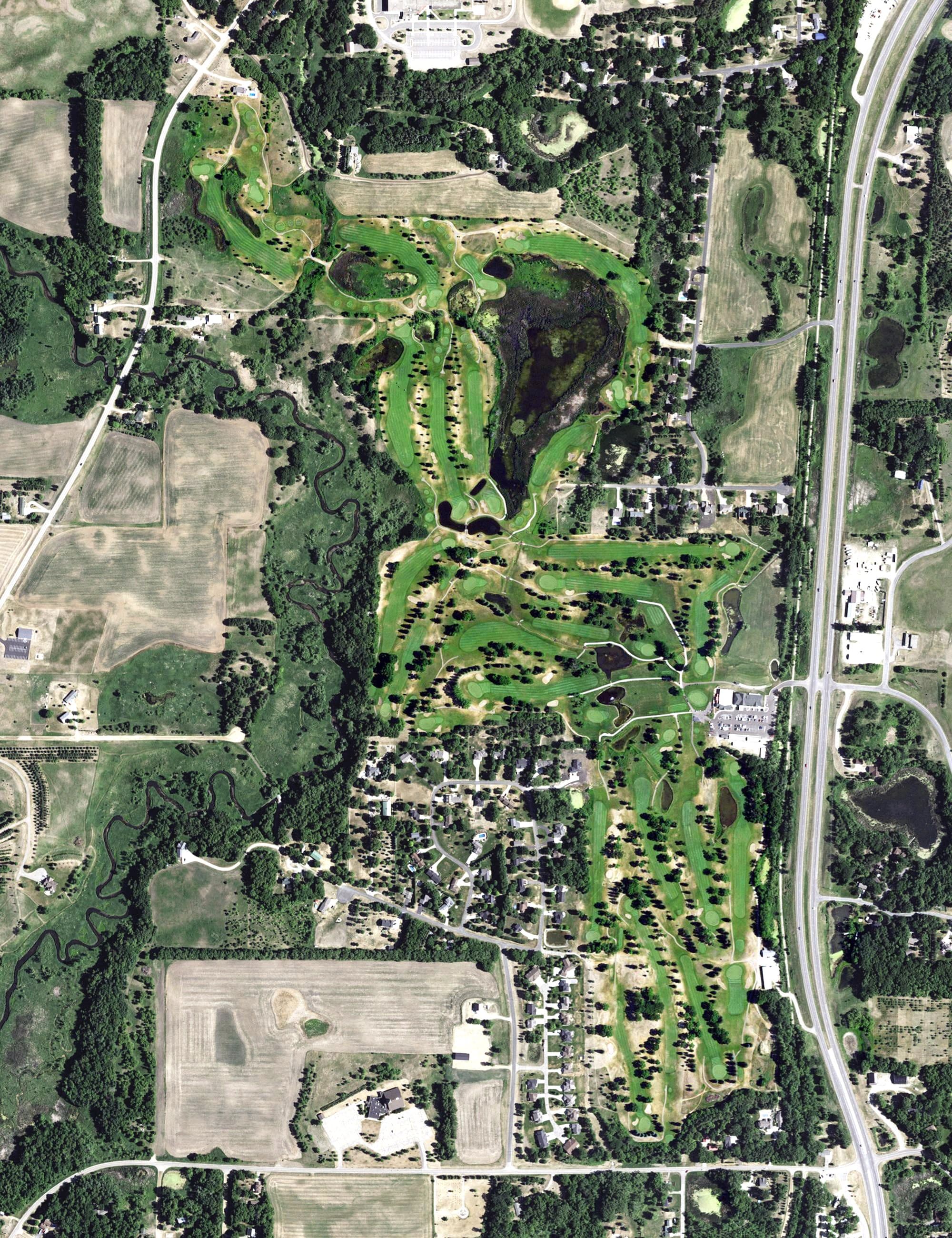 Aerial view of Little Crow Country Club, MN, with its hole routing marked