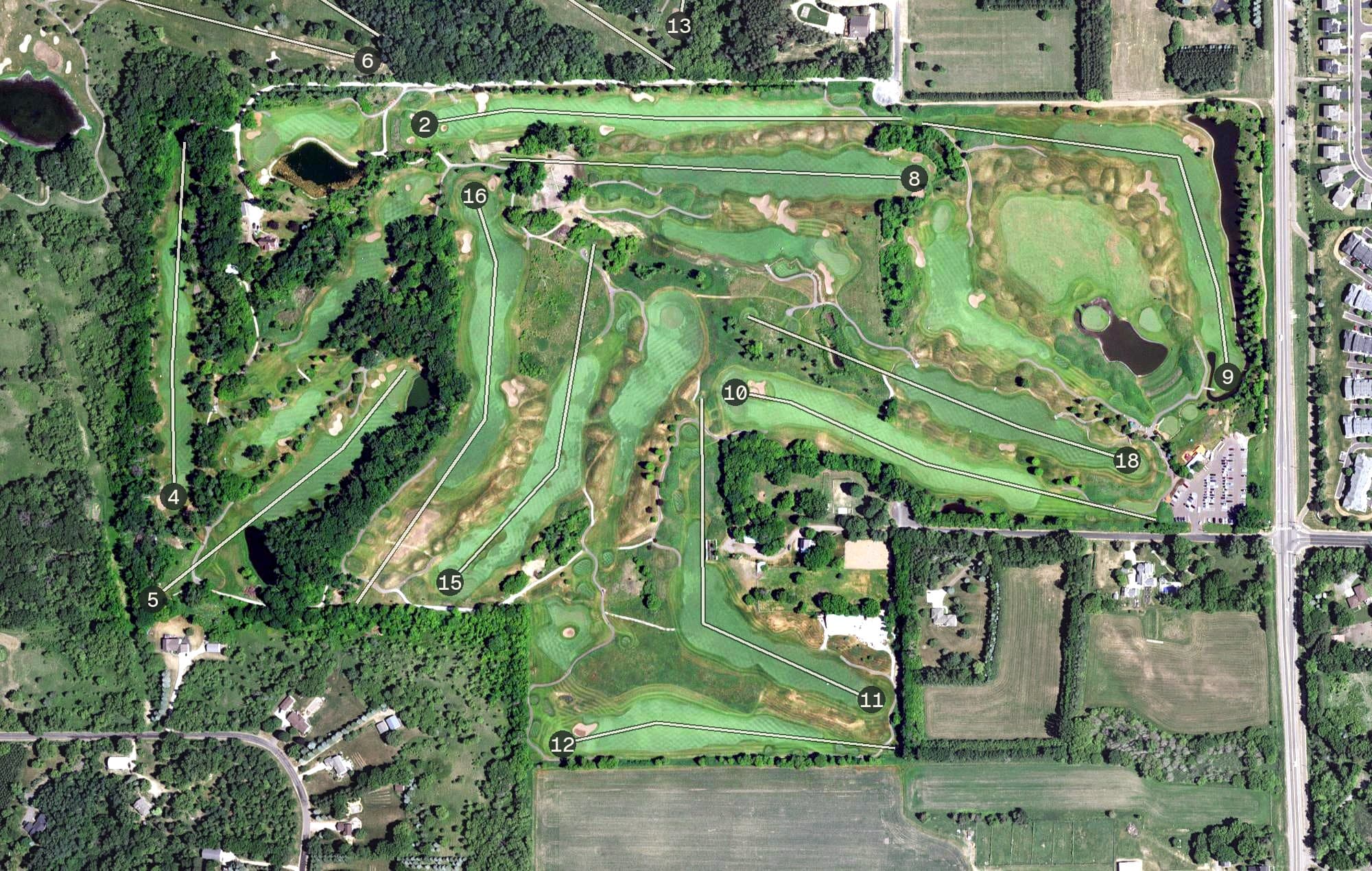 Aerial view of Loggers Trail Golf Course, MN, with its hole routing marked