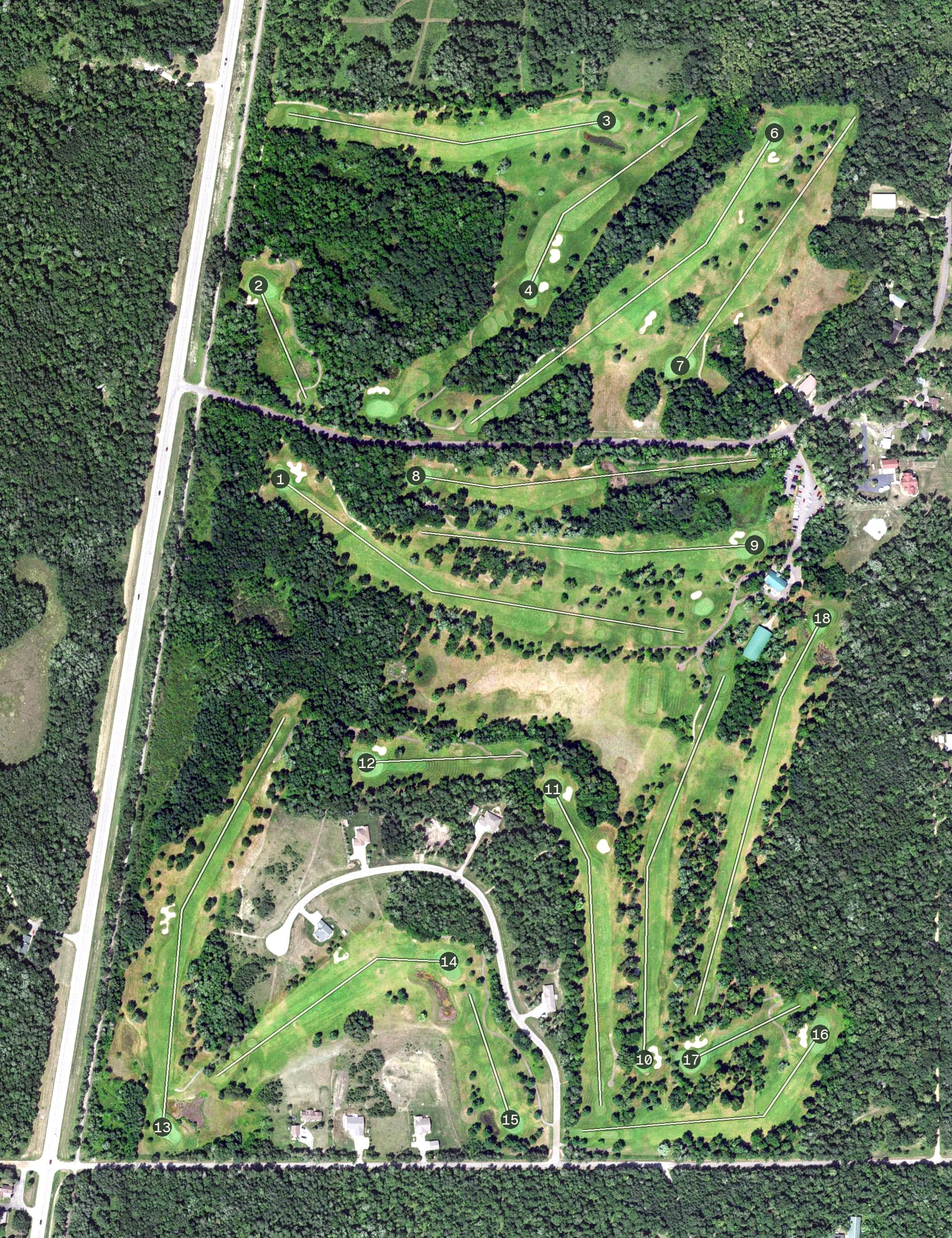 Aerial view of Long Bow Golf Club, MN, with its hole routing marked