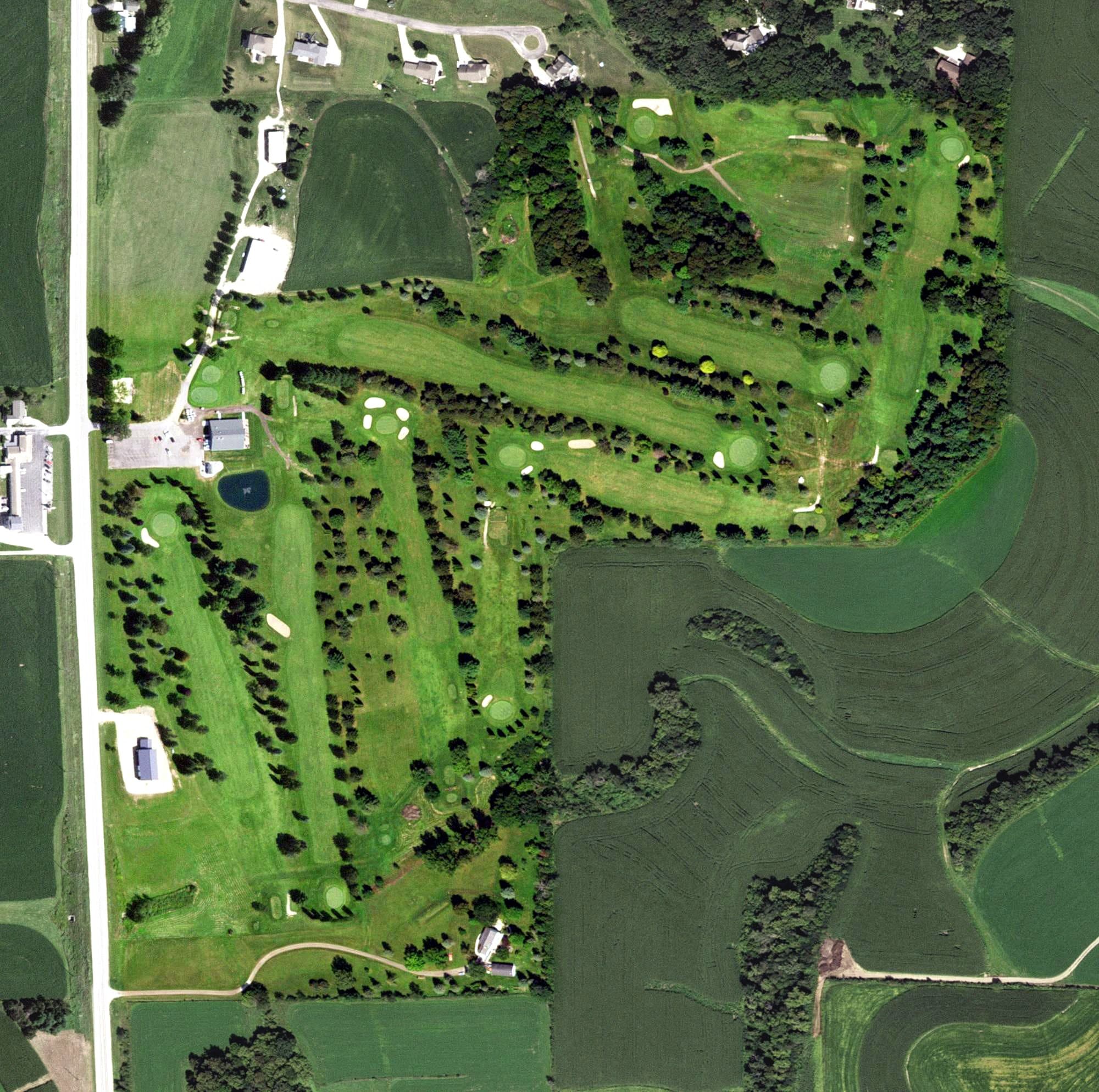 Aerial view of Ma Cal Grove Country Club, MN, with its hole routing marked