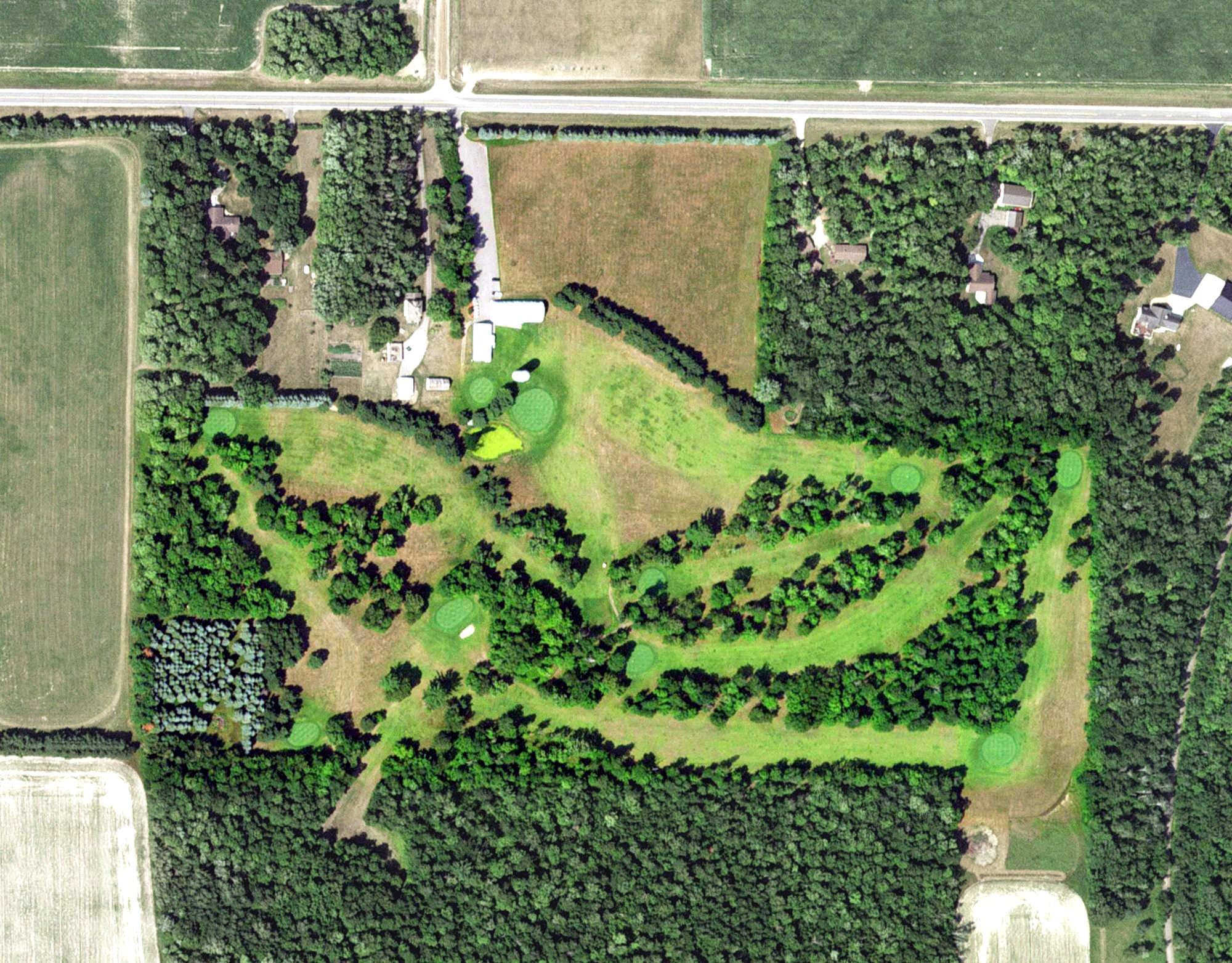 Aerial view of Maple Ridge Golf Course, MN, with its hole routing marked