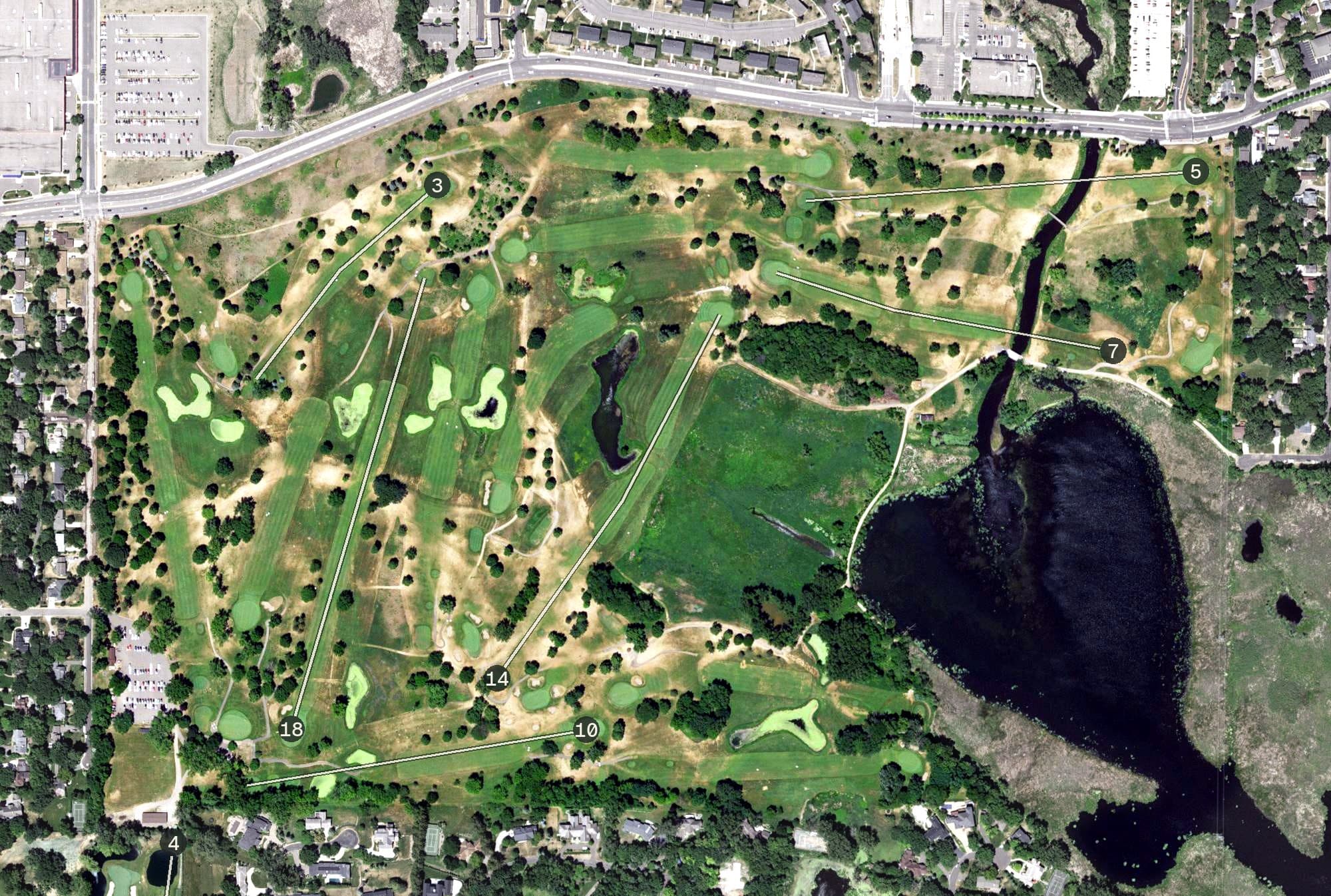 Aerial view of Meadowbrook Golf Course, MN, with its hole routing marked