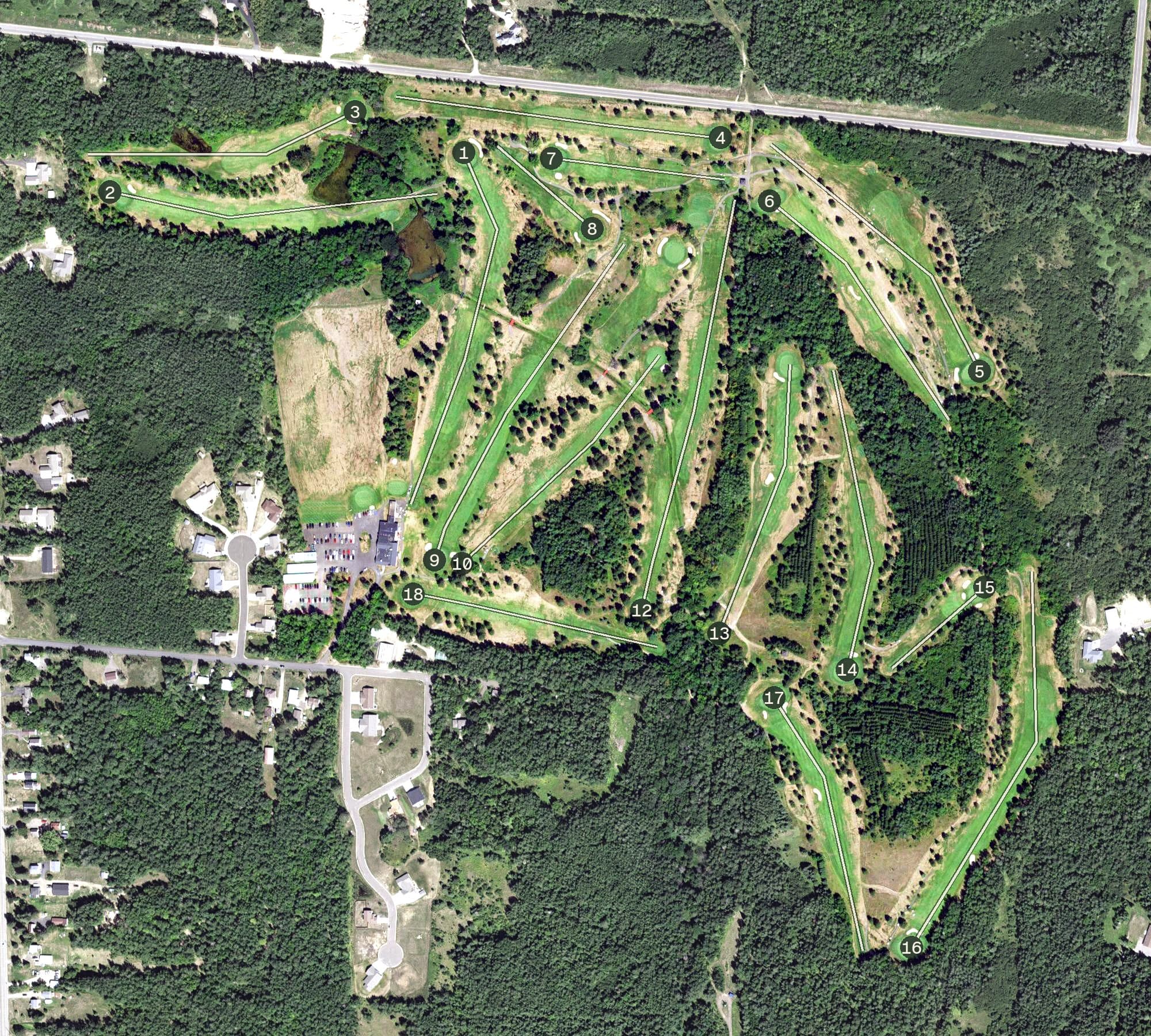 Aerial view of Mesaba Country Club, MN, with its hole routing marked