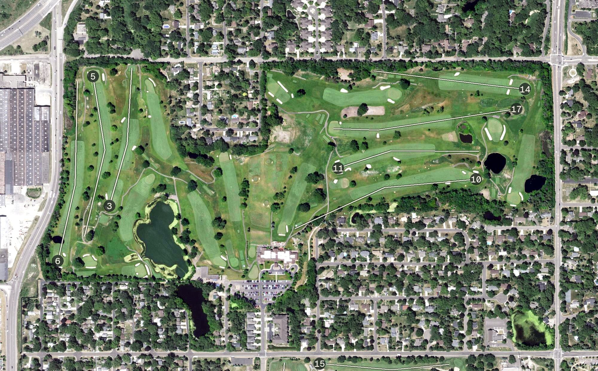 Aerial view of Midland Hills Country Club, MN, with its hole routing marked