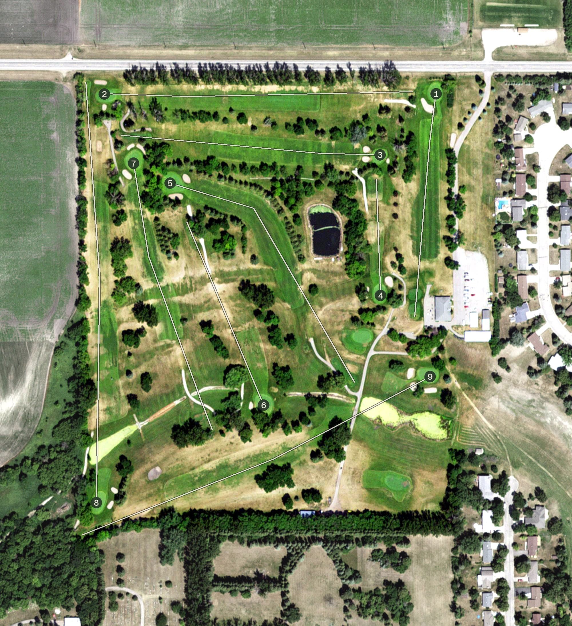 Aerial view of Minakwa Golf Course, MN, with its hole routing marked