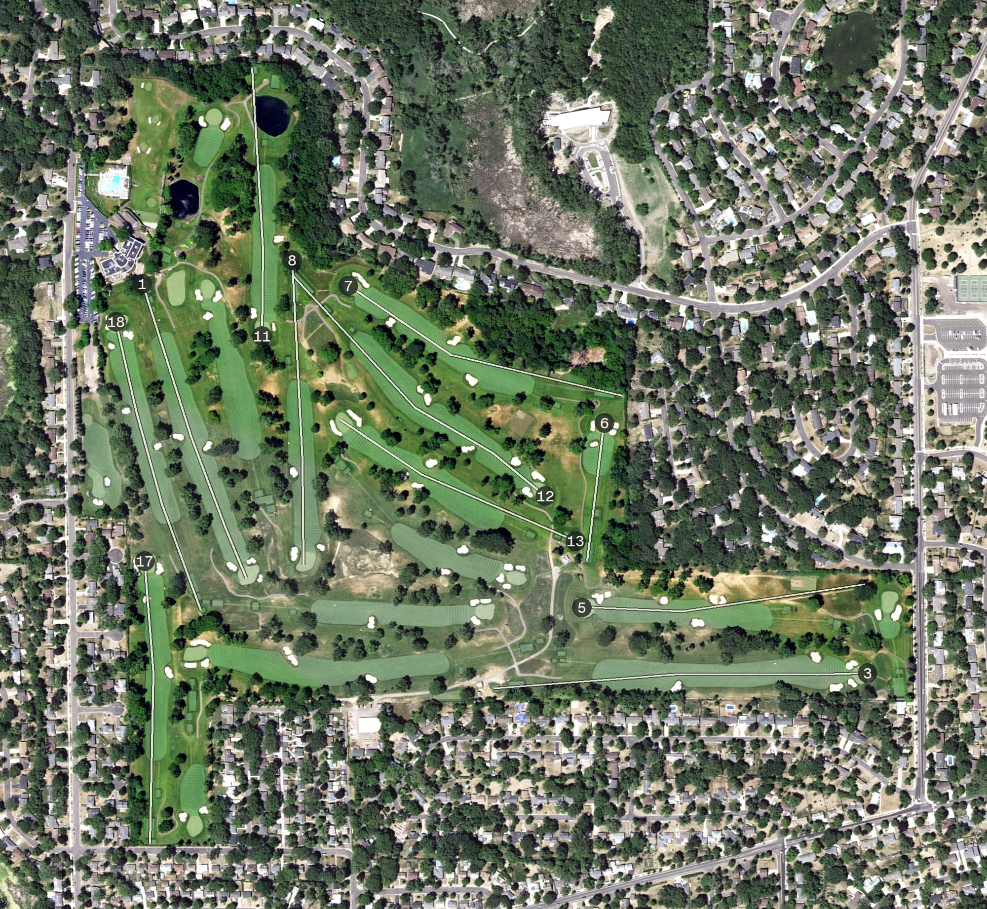 Aerial view of Minneapolis Golf Club, MN, with its hole routing marked