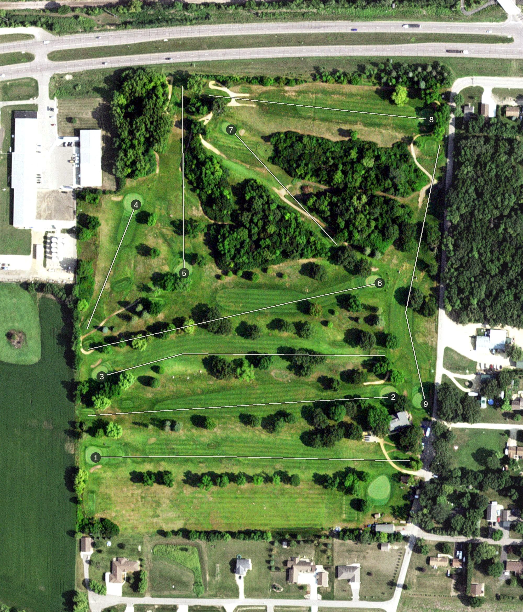Aerial view of Minneopa Golf Club, MN, with its hole routing marked