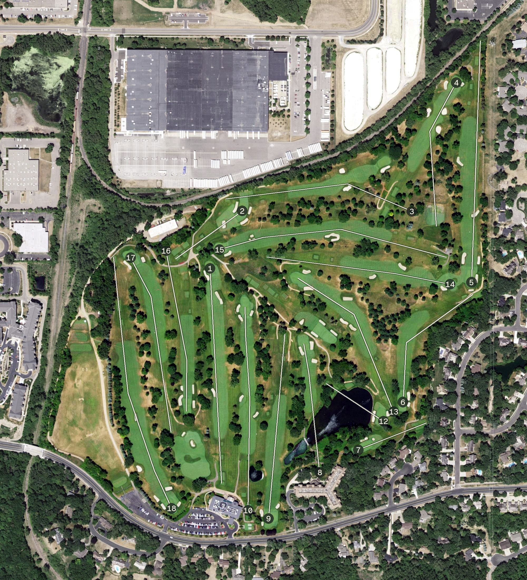 Aerial view of Minnesota Valley Country Club, MN, with its hole routing marked