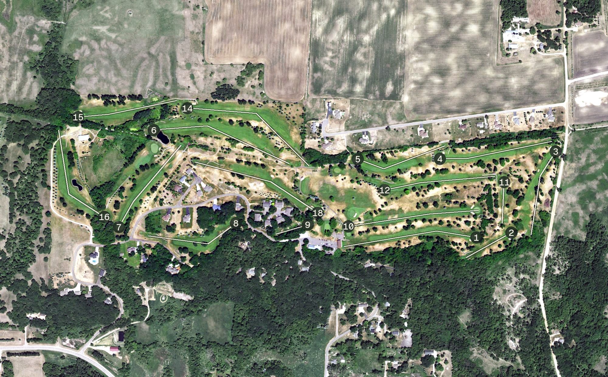 Aerial view of Minniwaska Golf Club, MN, with its hole routing marked