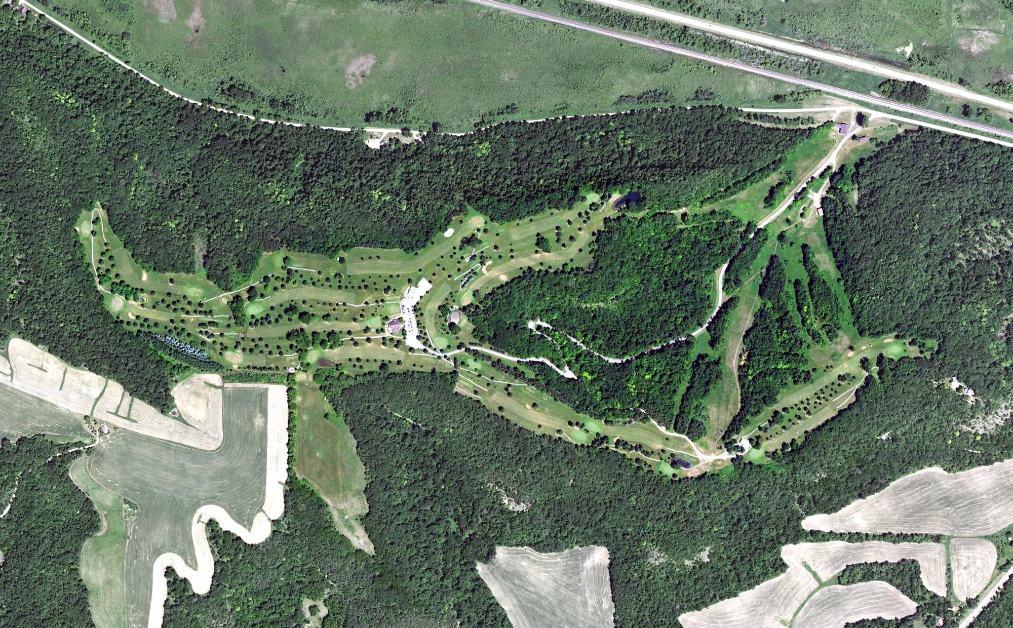 Aerial view of Mount Frontenac Golf Course, MN, with its hole routing marked