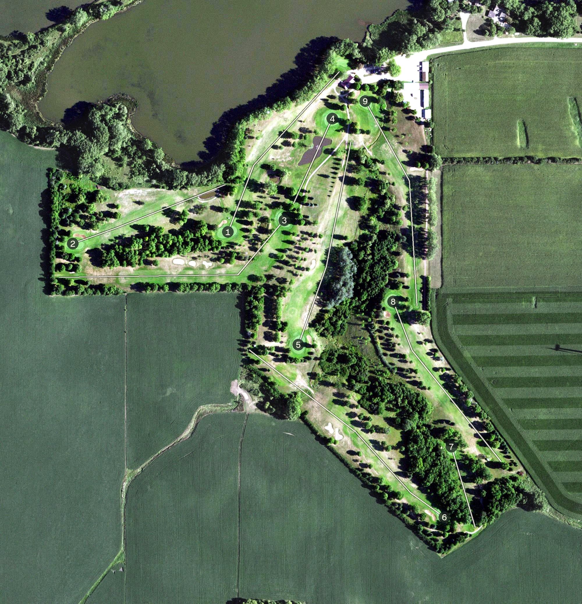 Aerial view of Mountain Lake Golf Course, MN, with its hole routing marked