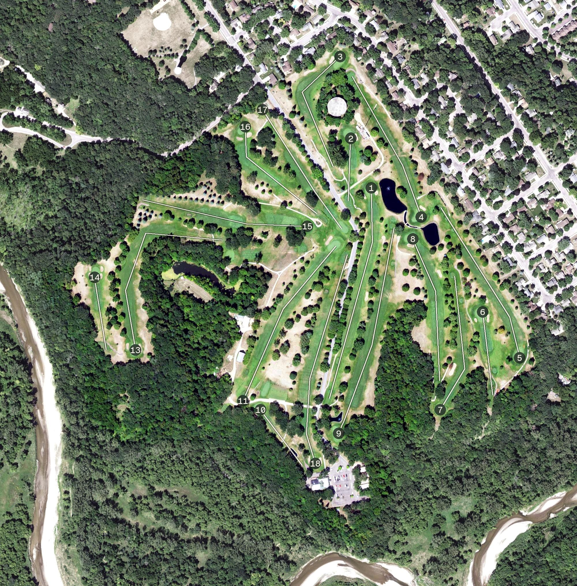 Aerial view of New Ulm Country Club, MN, with its hole routing marked