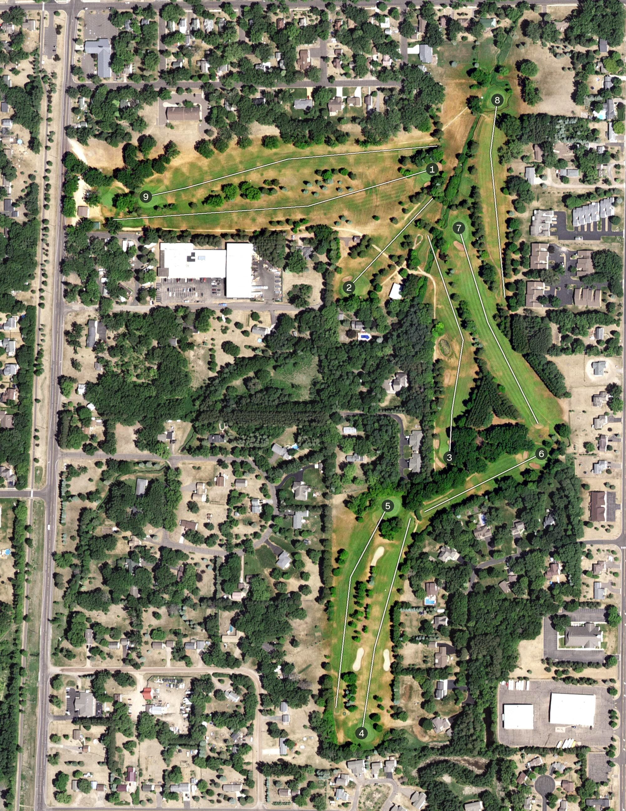 Aerial view of North Branch Golf Course, MN, with its hole routing marked