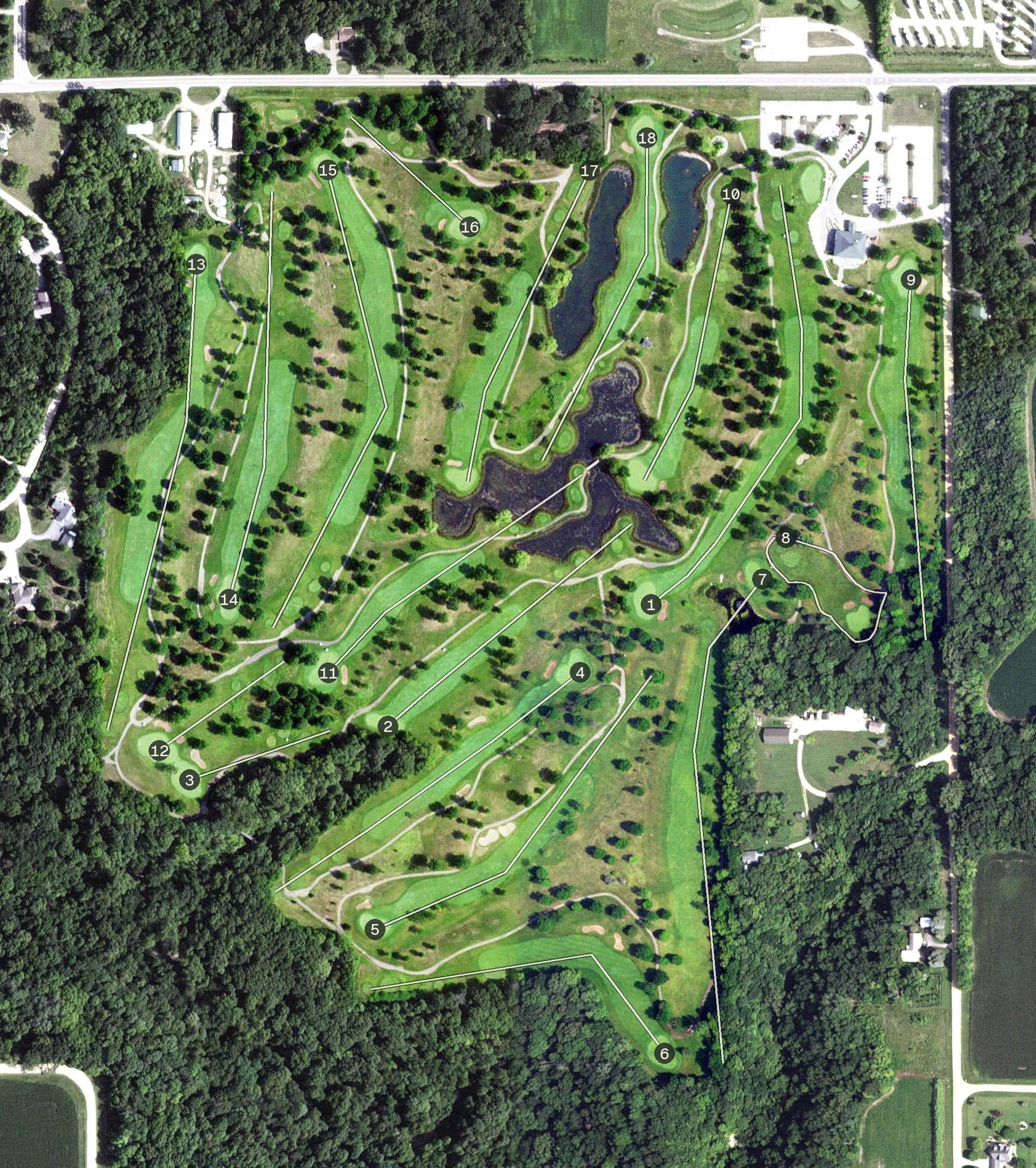 Aerial view of North Links Golf Course, MN, with its hole routing marked
