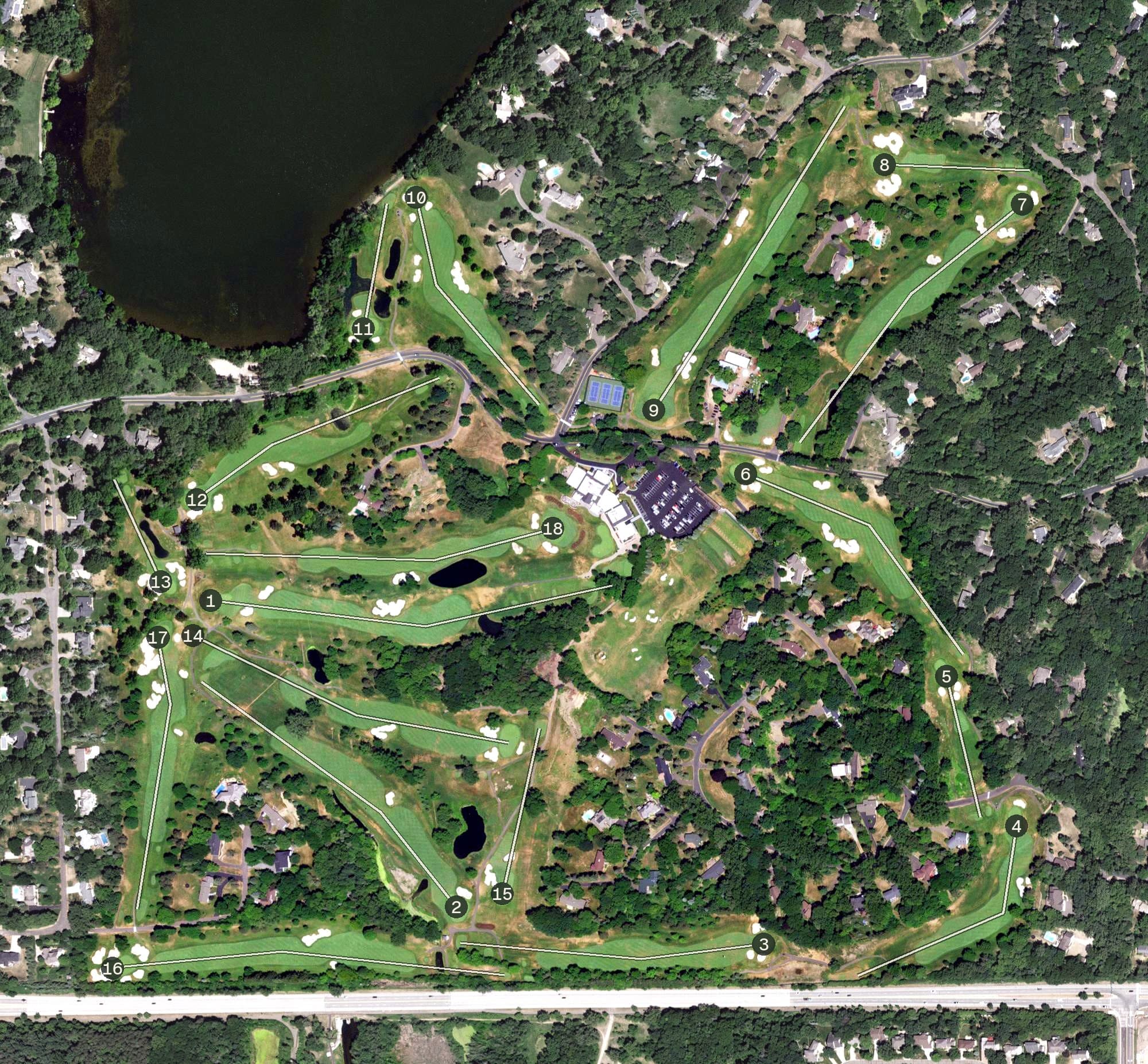 Aerial view of North Oaks Golf Course, MN, with its hole routing marked