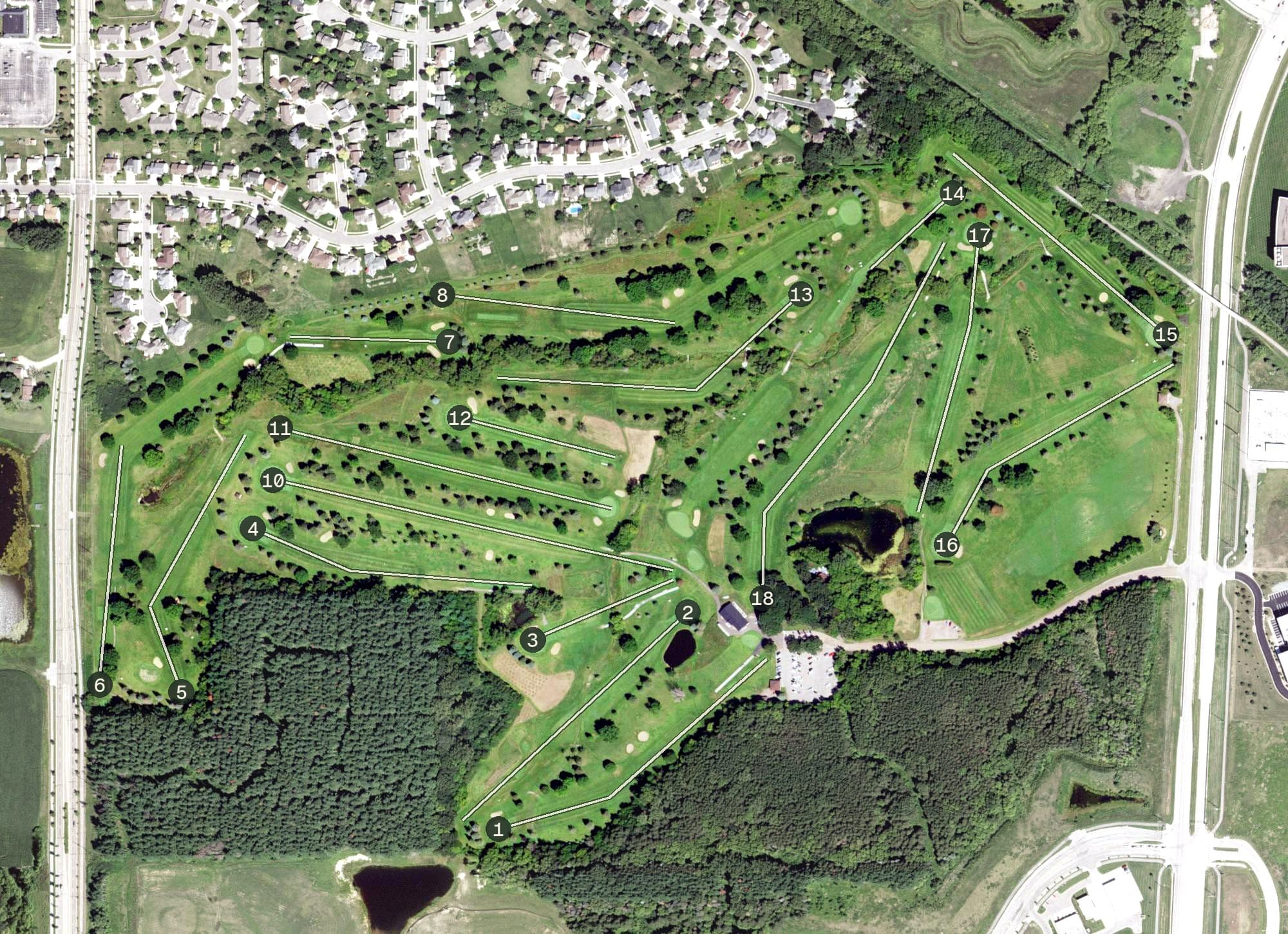 Aerial view of Northern Hills Golf Course, MN, with its hole routing marked