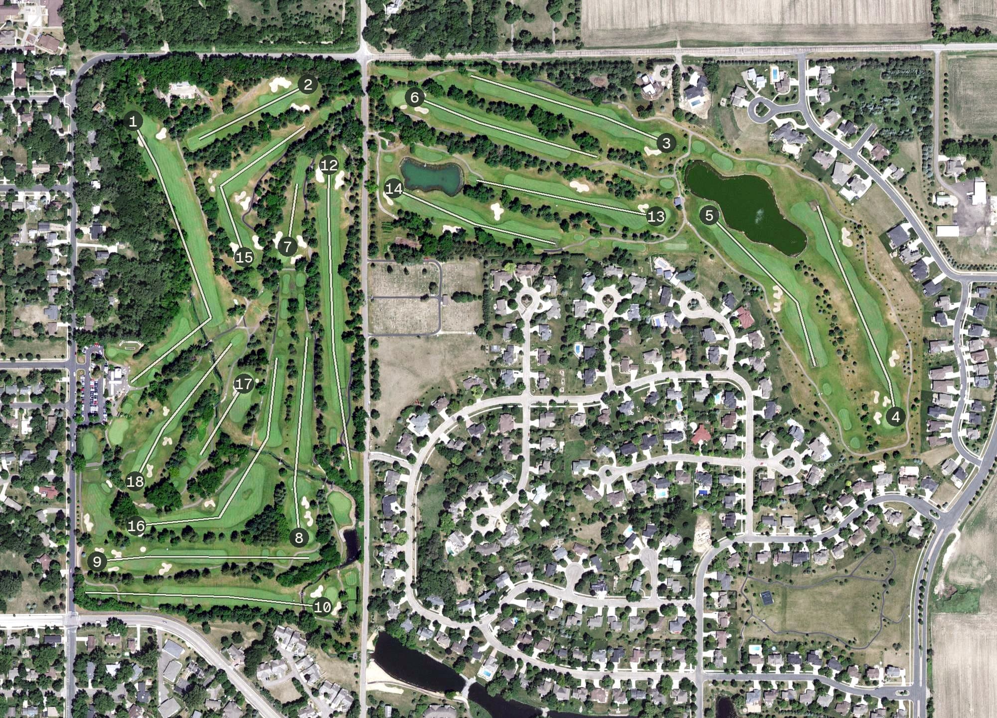 Aerial view of Northfield Golf Club, MN, with its hole routing marked