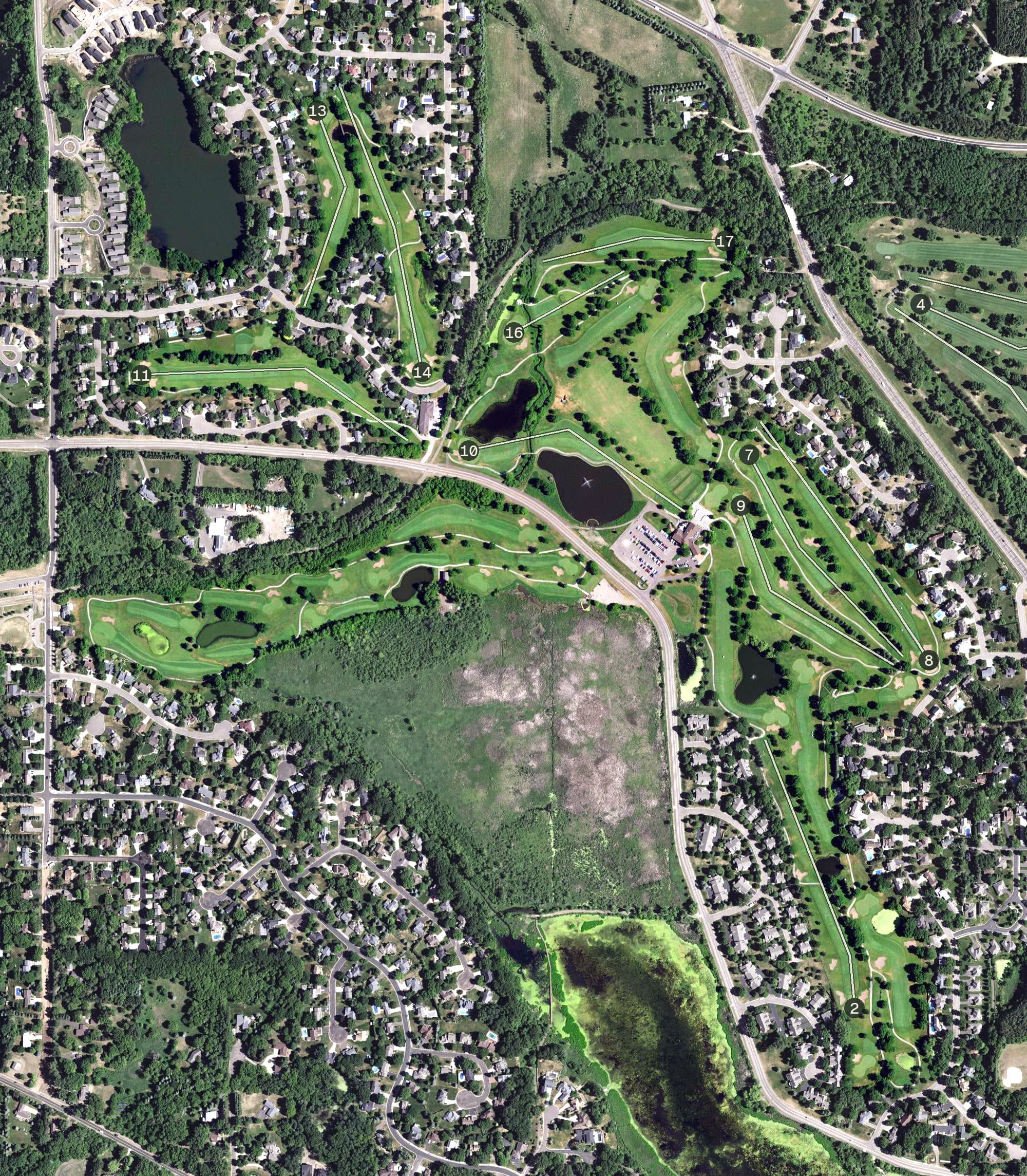 Aerial view of Oak Glen Golf Course, MN, with its hole routing marked