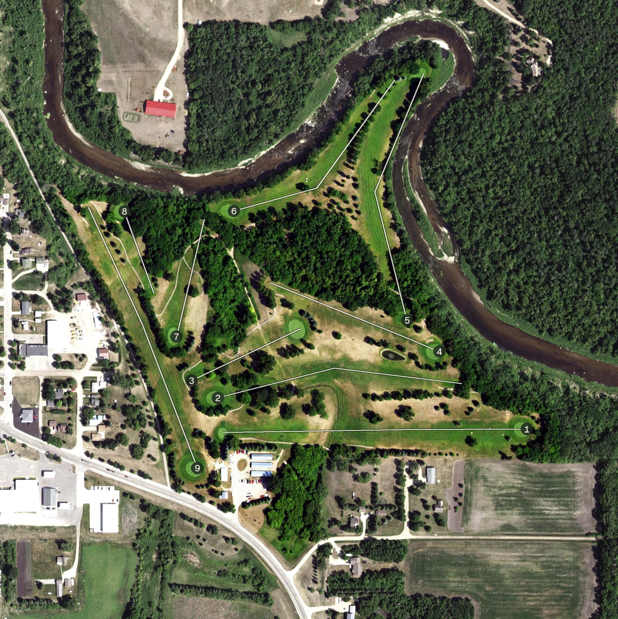 Aerial view of Oak Knolls Golf Course, MN, with its hole routing marked
