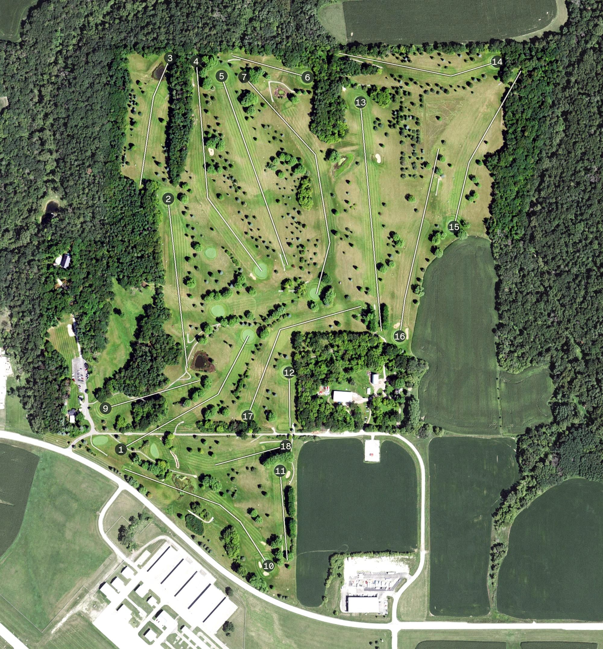Aerial view of Oak Summit Golf Course, MN, with its hole routing marked