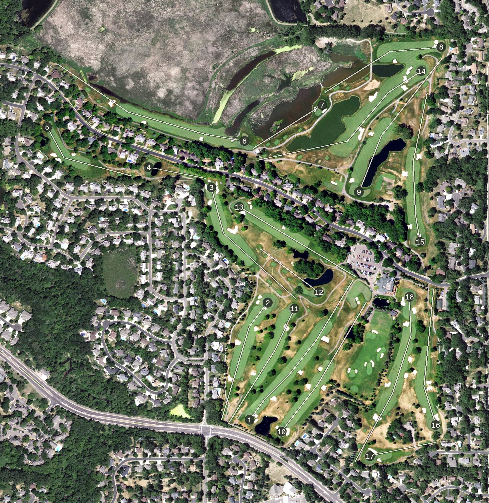 Aerial view of Olympic Hills Golf Club, MN, with its hole routing marked