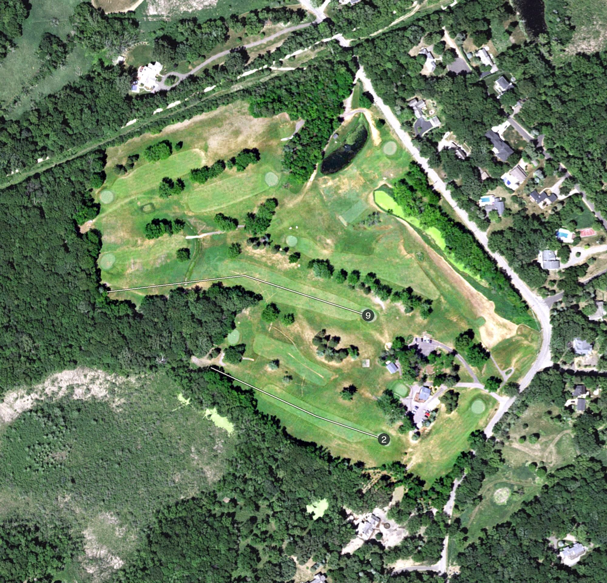 Aerial view of Orono Public Golf Course, MN, with its hole routing marked
