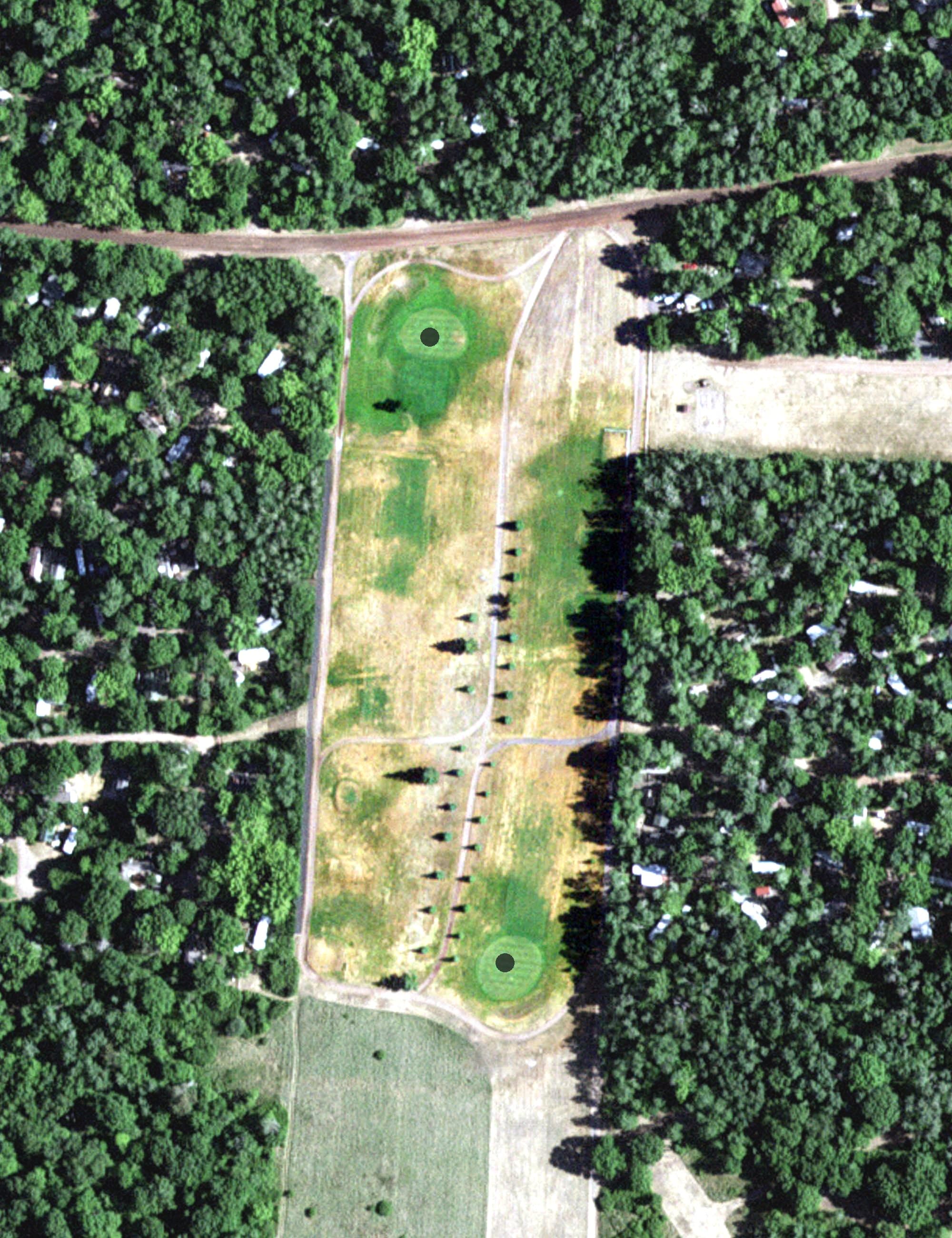 Aerial view of Pathfinder Village Golf Course, MN, with its hole routing marked