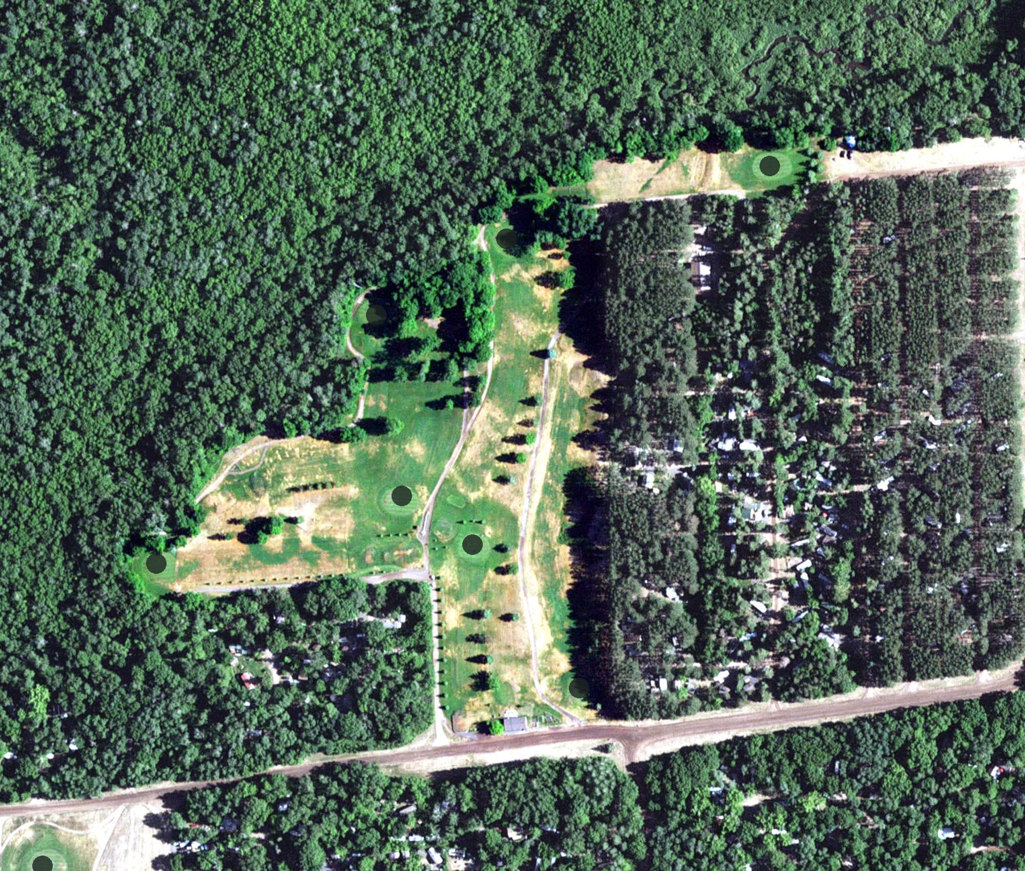 Aerial view of Pathfinder Village Golf Course, MN, with its hole routing marked