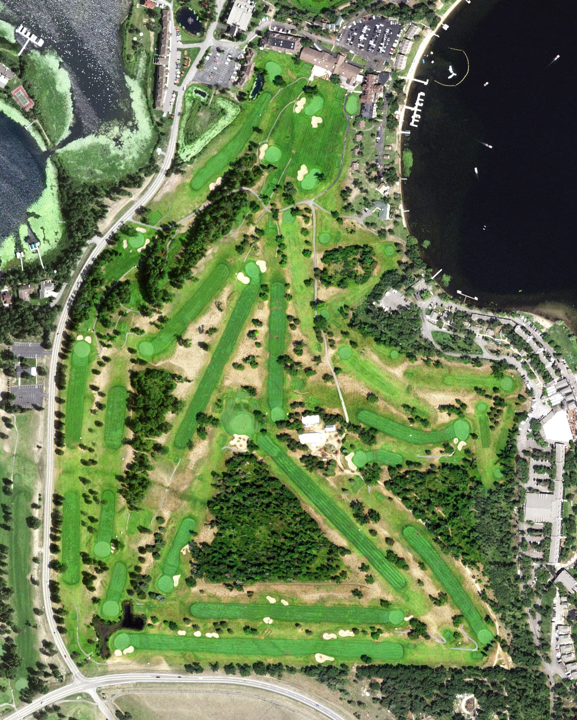 Aerial view of Pine Beach East Golf Course, MN, with its hole routing marked