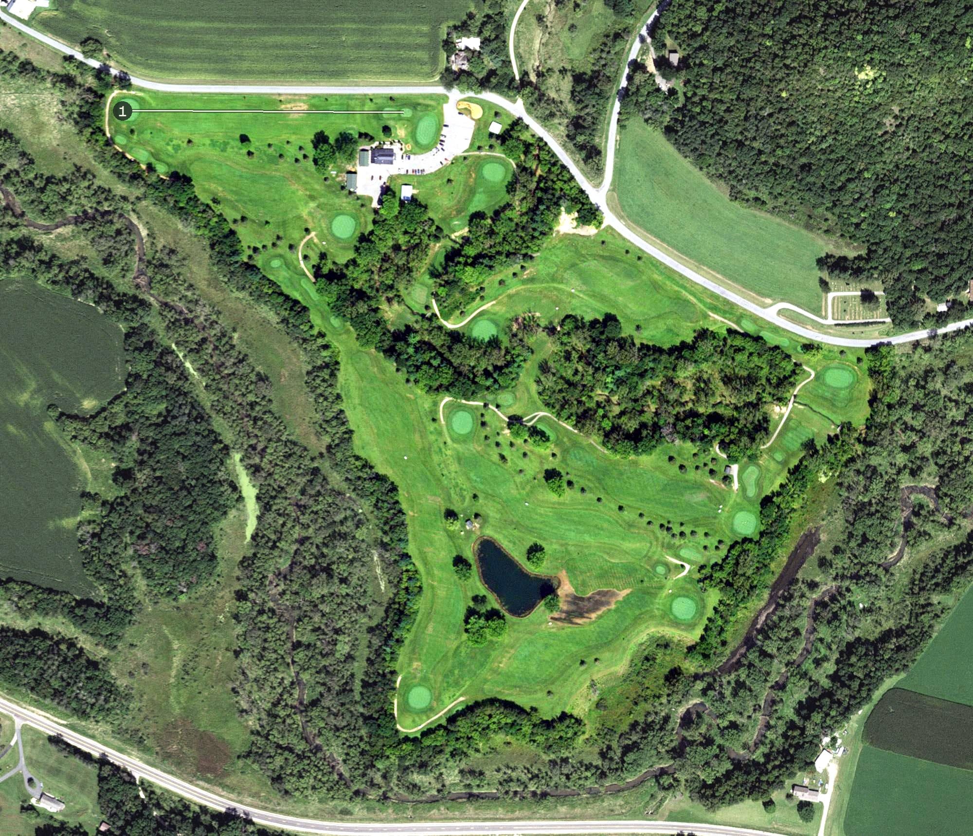 Aerial view of Pine Creek Golf Course, MN, with its hole routing marked