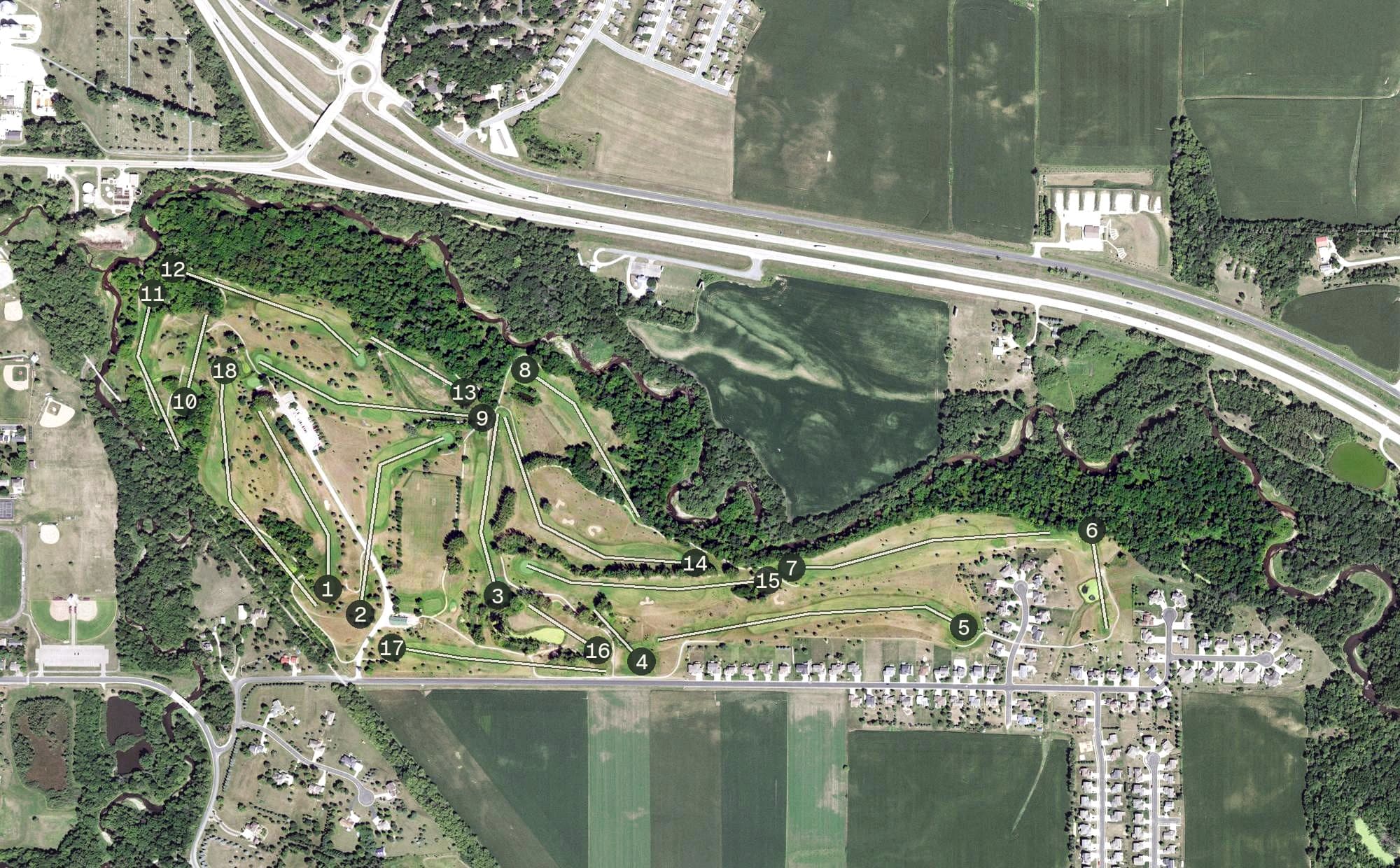 Aerial view of Pine Island Golf Course, MN, with its hole routing marked