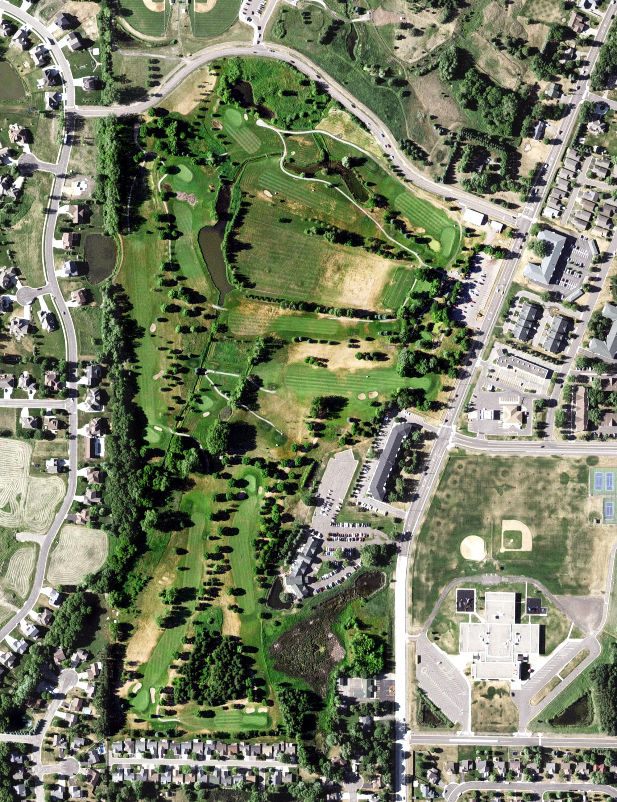 Aerial view of Pine Ridge Golf Course, MN, with its hole routing marked