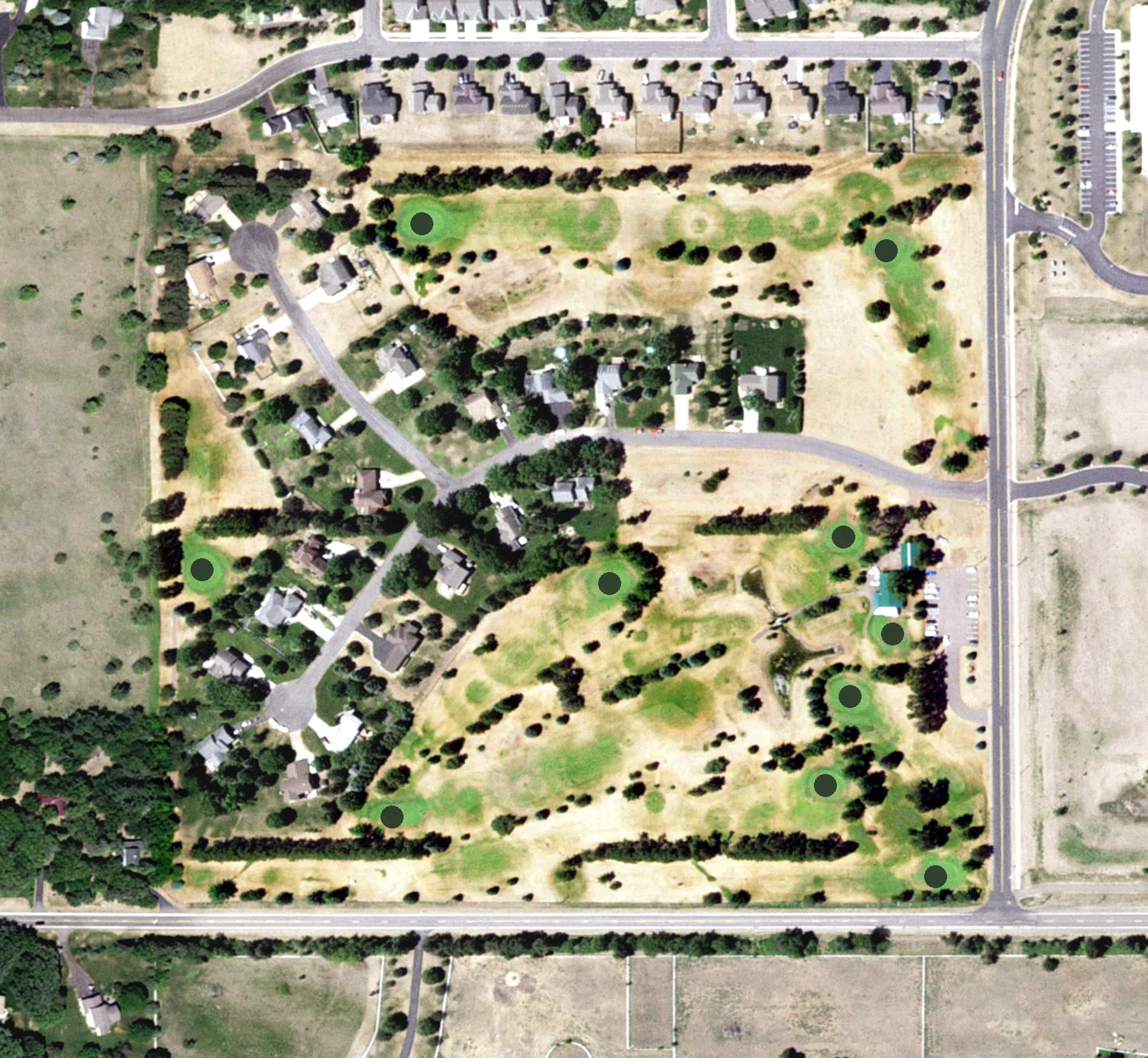 Aerial view of Pinewood Golf Course, MN, with its hole routing marked