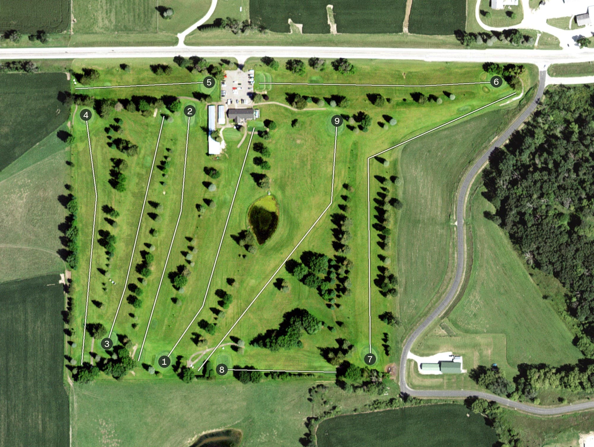 Aerial view of Preston Golf and Country Club, MN, with its hole routing marked