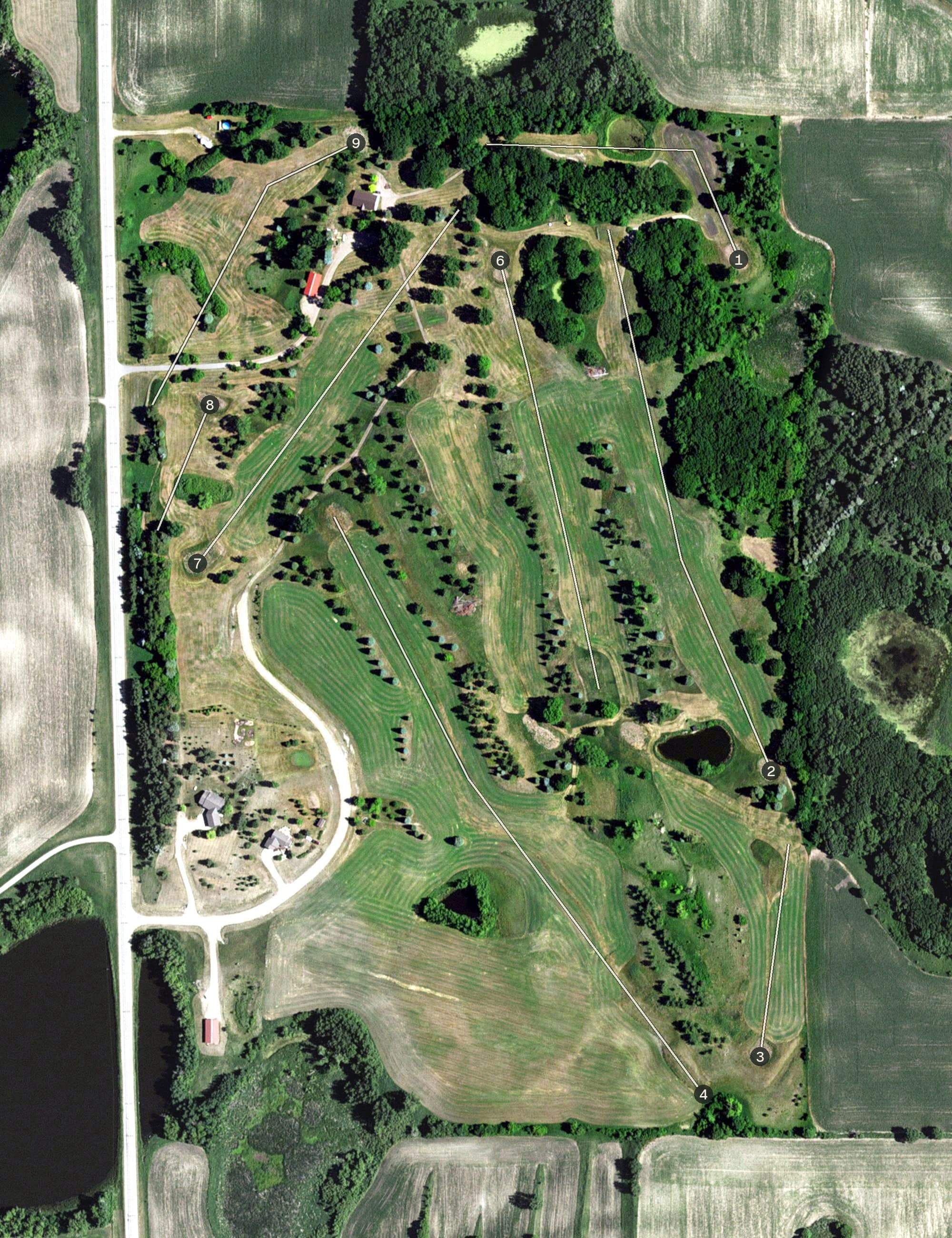 Aerial view of Red Rock Golf Course, MN, with its hole routing marked