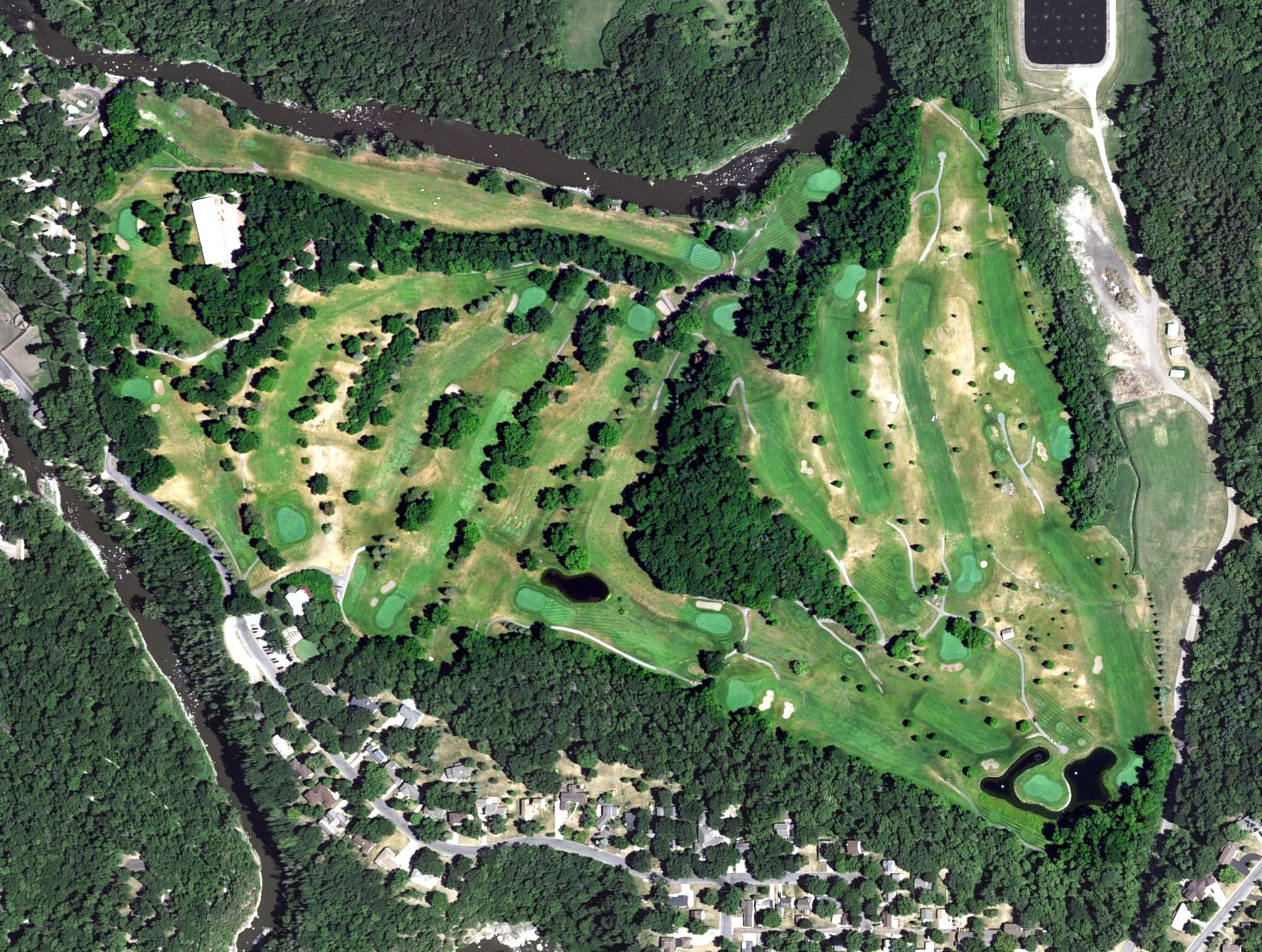 Aerial view of Redwood Falls Golf Club, MN, with its hole routing marked