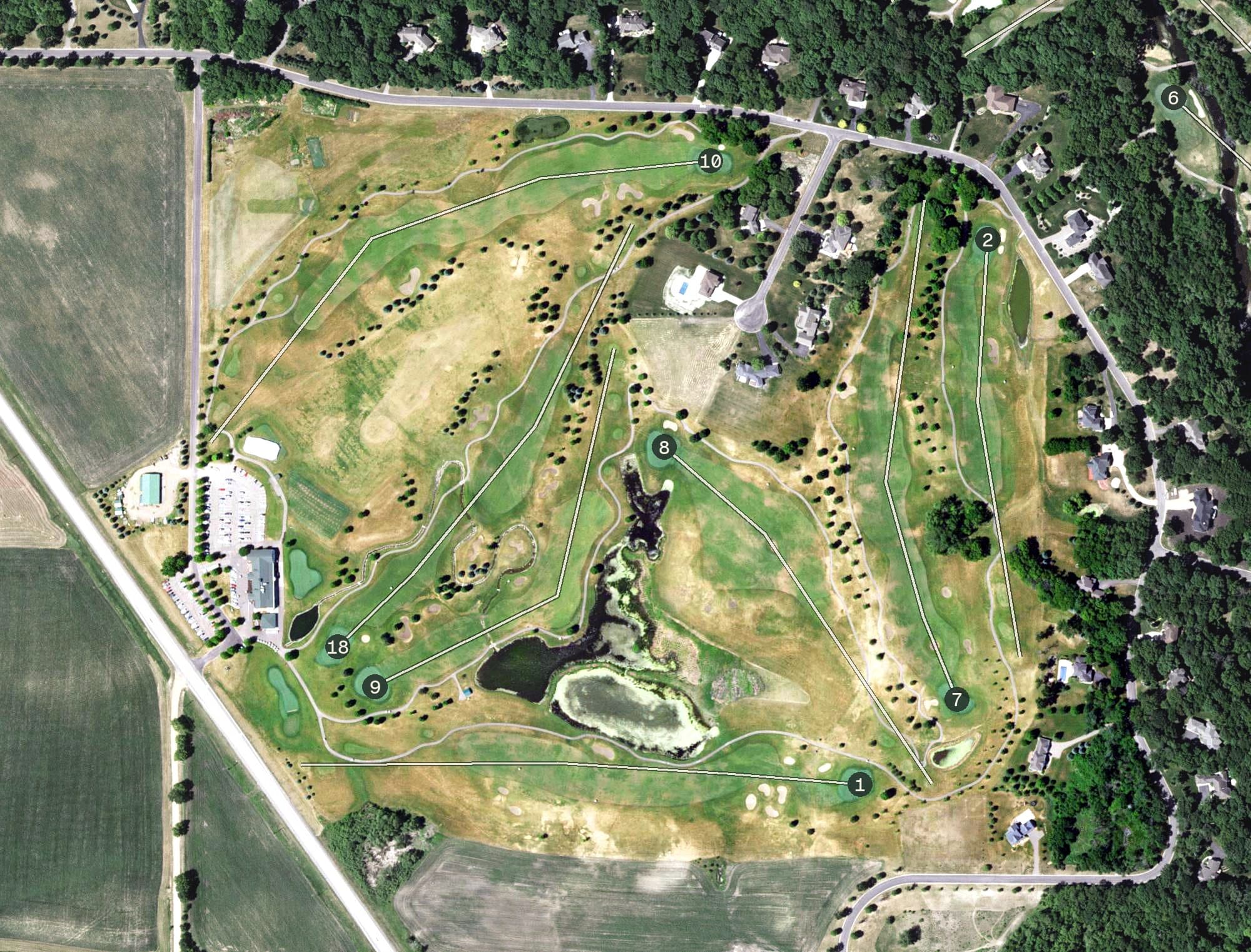 Aerial view of Ridges at Sand Creek, MN, with its hole routing marked