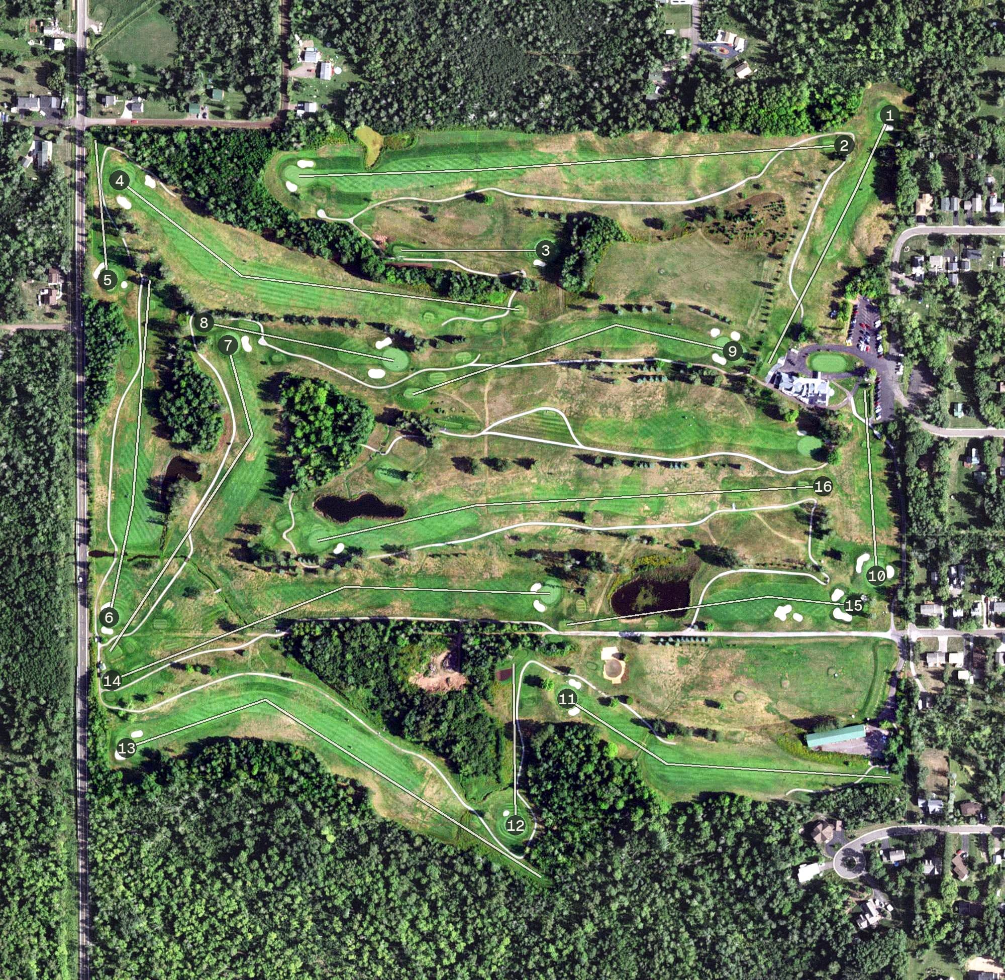 Aerial view of Ridgeview Country Club, MN, with its hole routing marked