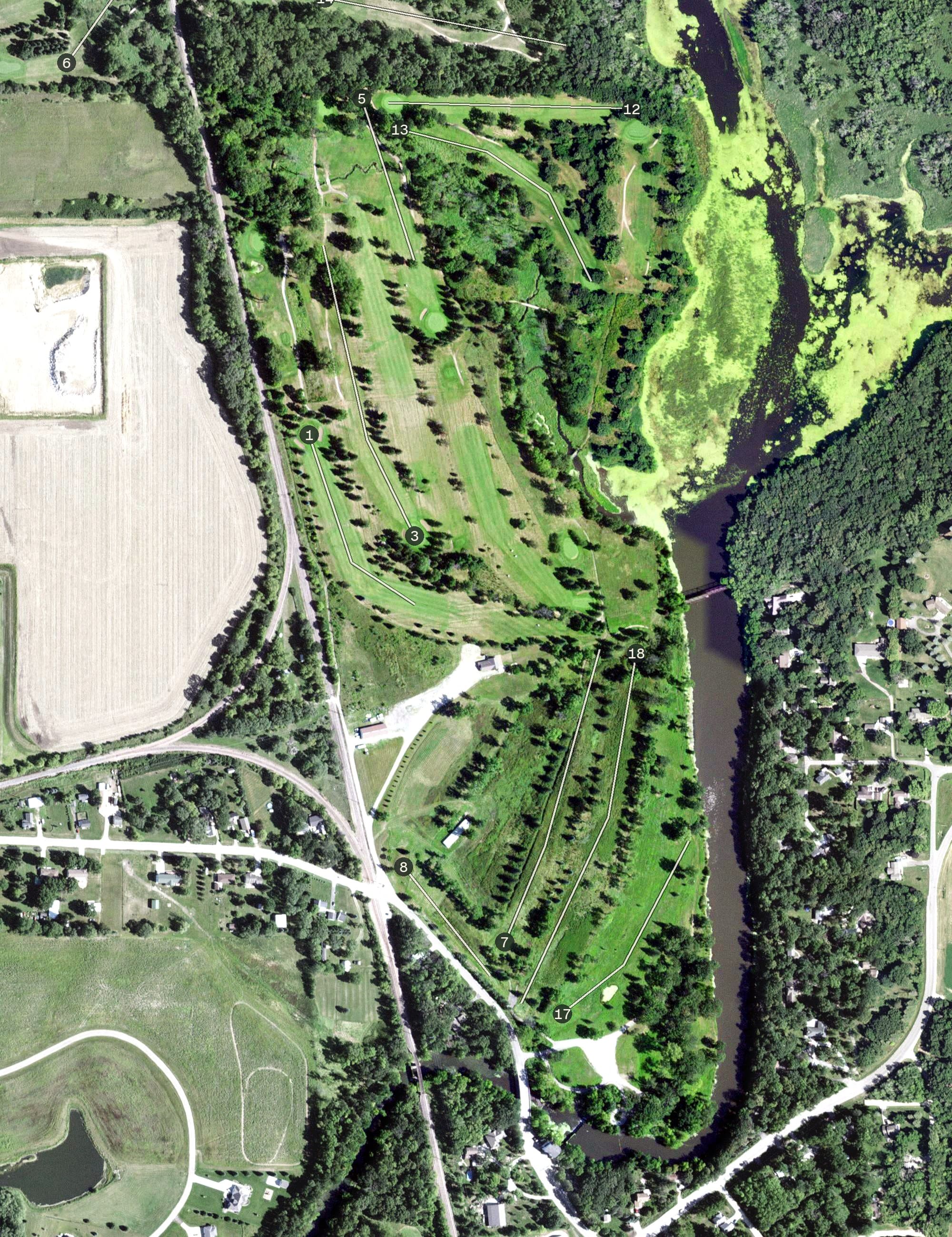 Aerial view of River Oaks Golf Club, MN, with its hole routing marked