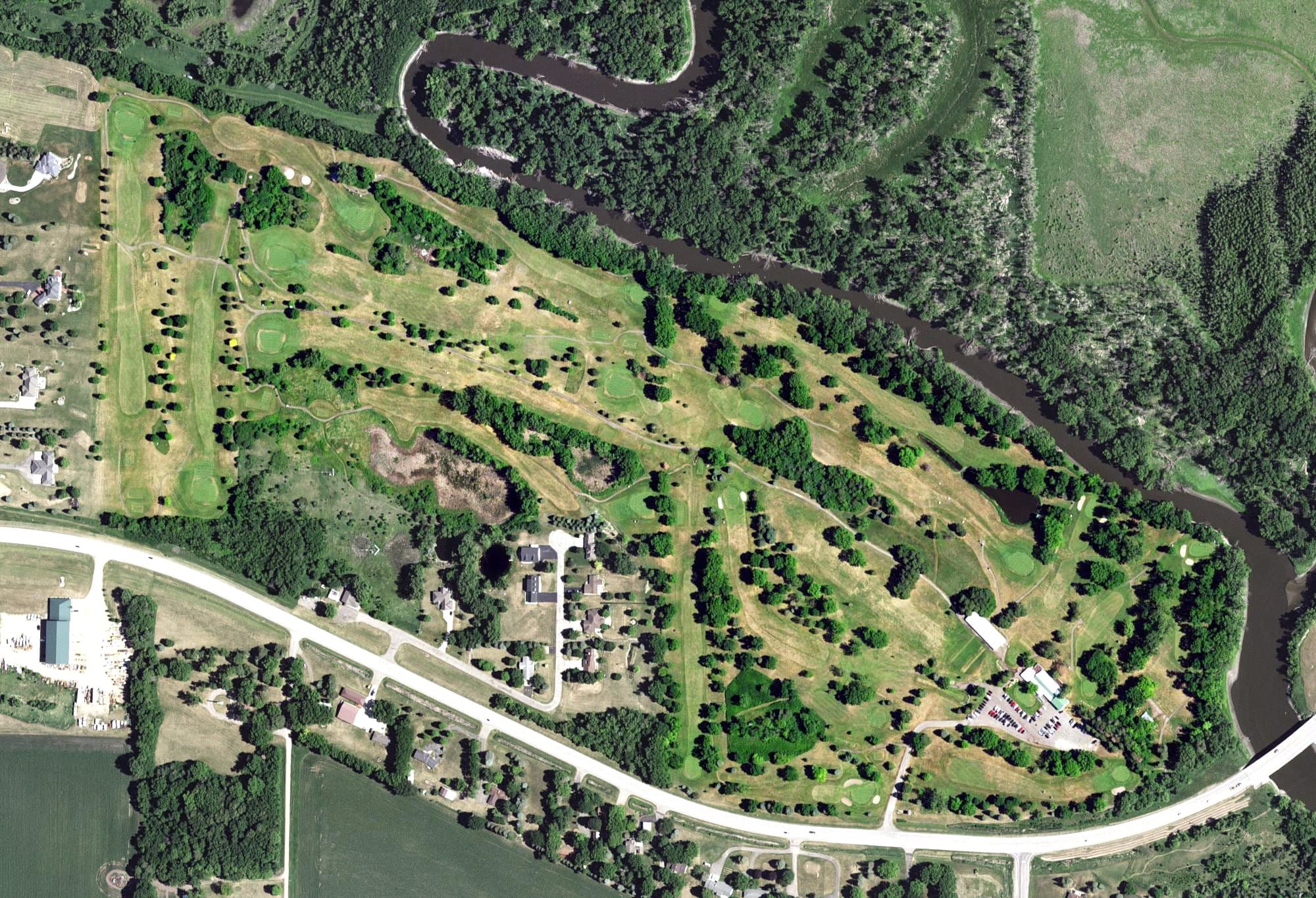 Aerial view of Rivercrest Golf, MN, with its hole routing marked