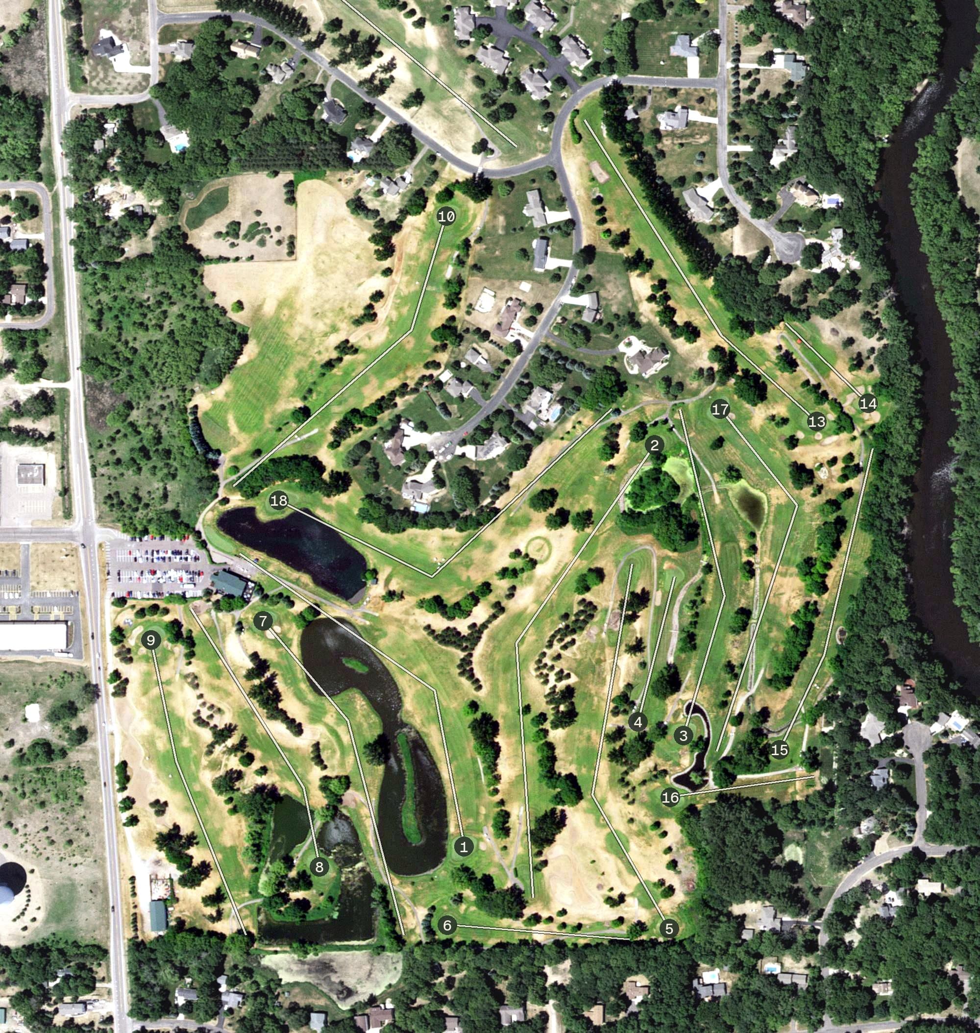 Aerial view of Rum River Hills Golf Club, MN, with its hole routing marked