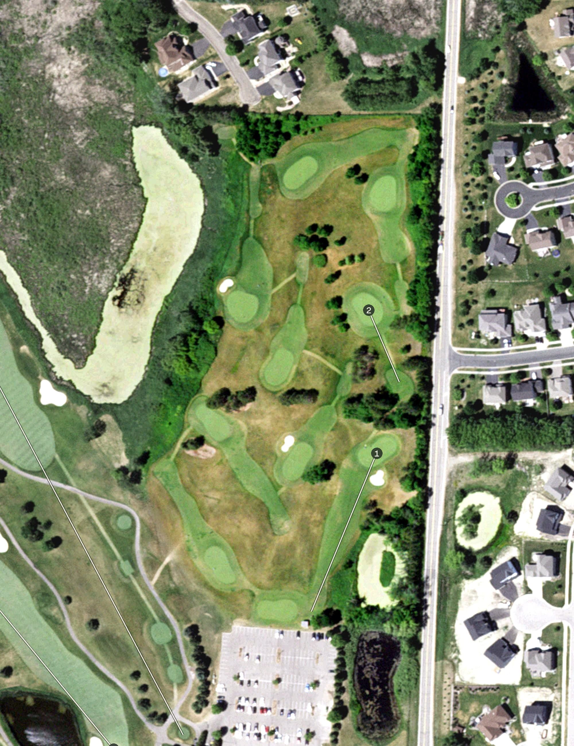 Aerial view of Rush Creek Golf Club - Mac 9, MN, with its hole routing marked