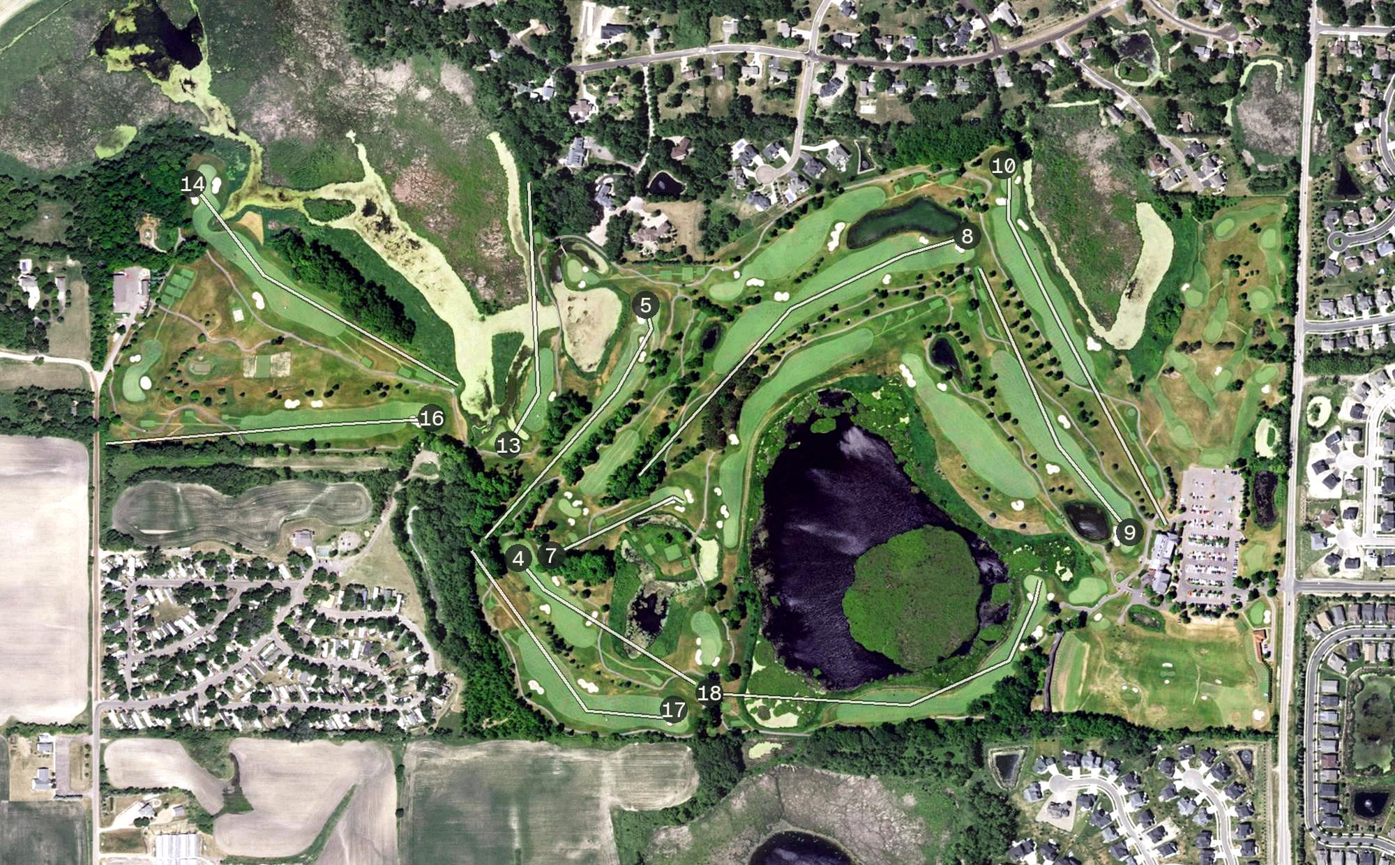 Aerial view of Rush Creek Golf Club, MN, with its hole routing marked