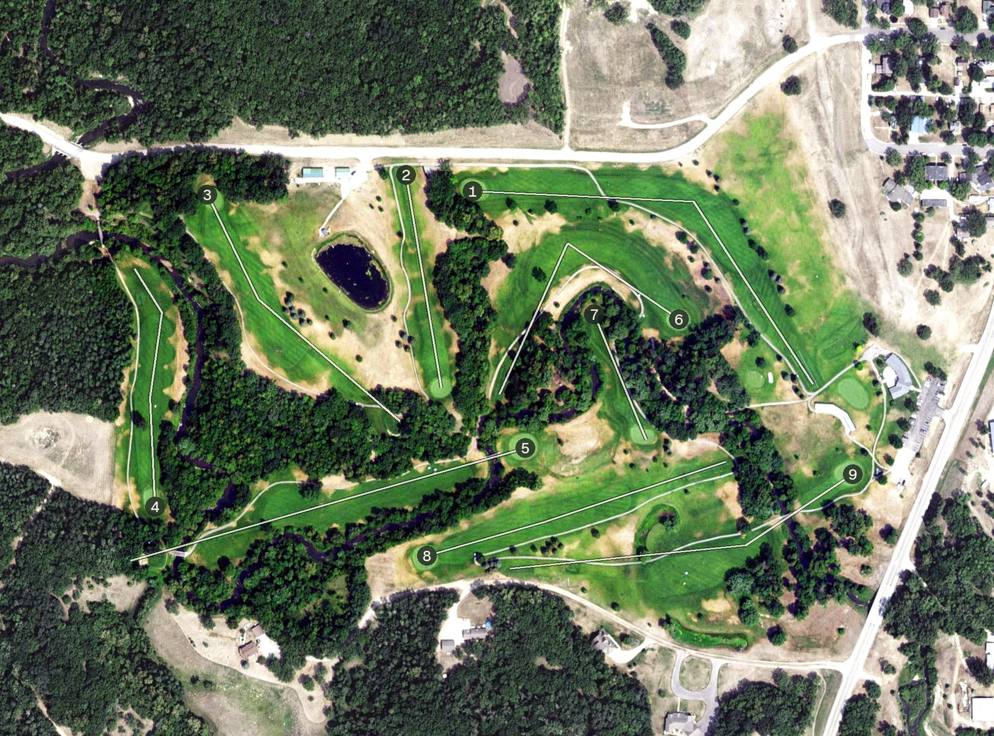 Aerial view of Sand Hill Golf Course, MN, with its hole routing marked