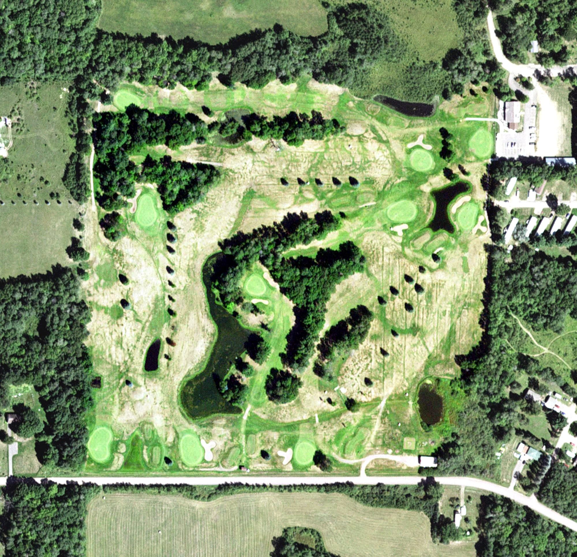 Aerial view of Sandstone Area Golf Course, MN, with its hole routing marked