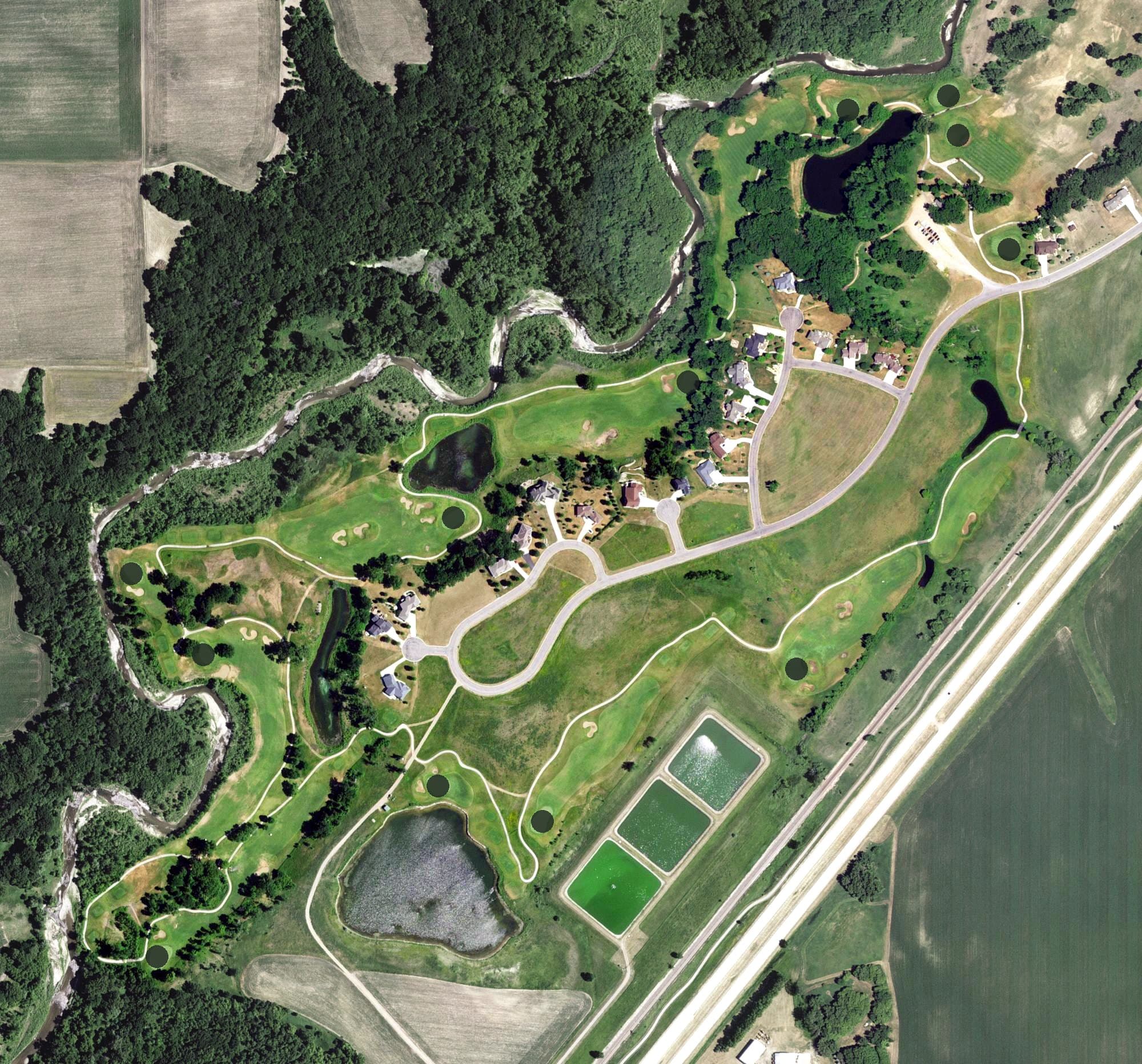 Aerial view of Savannah Oaks Golf Club, MN, with its hole routing marked