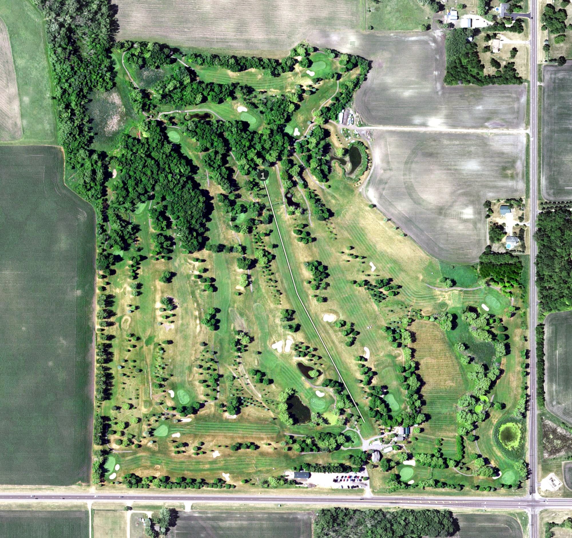 Aerial view of Shadowbrooke Golf Course, MN, with its hole routing marked