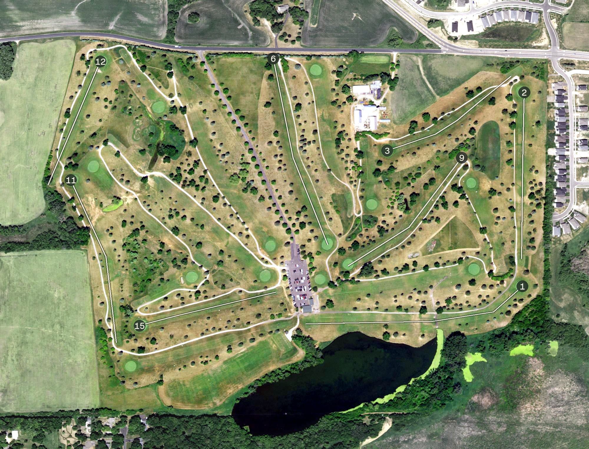 Aerial view of Shamrock Golf Course, MN, with its hole routing marked